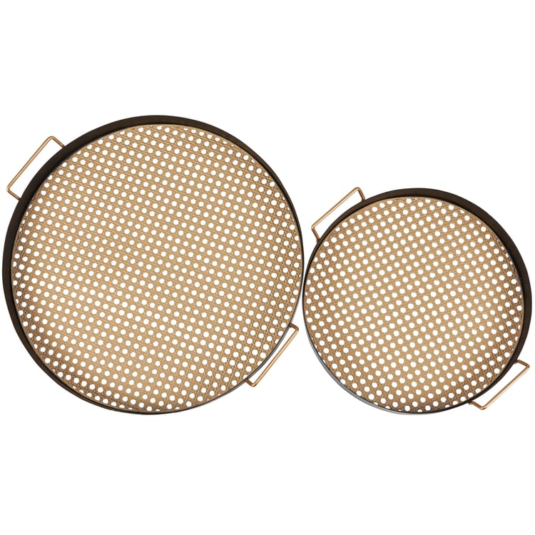 Two-Piece Rattan Inspired Metal Tray Set - Black & Tan Home Decor