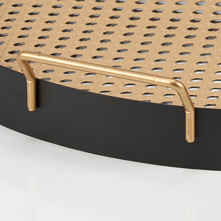 Two-Piece Rattan Inspired Metal Tray Set - Black & Tan Home Decor
