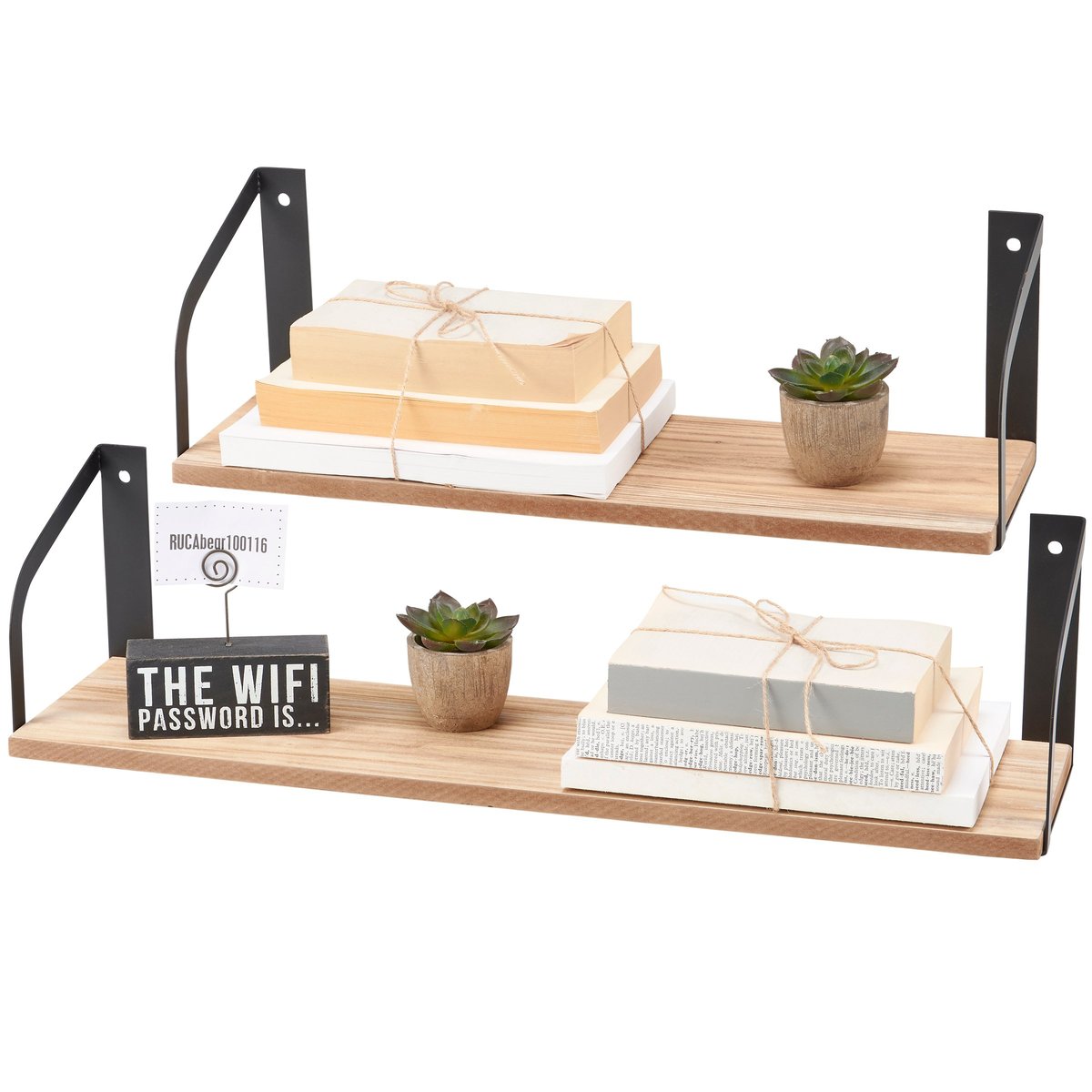 Rustic Wood & Metal Floating Shelf Set - Wall Mounted Decorative Home Storage