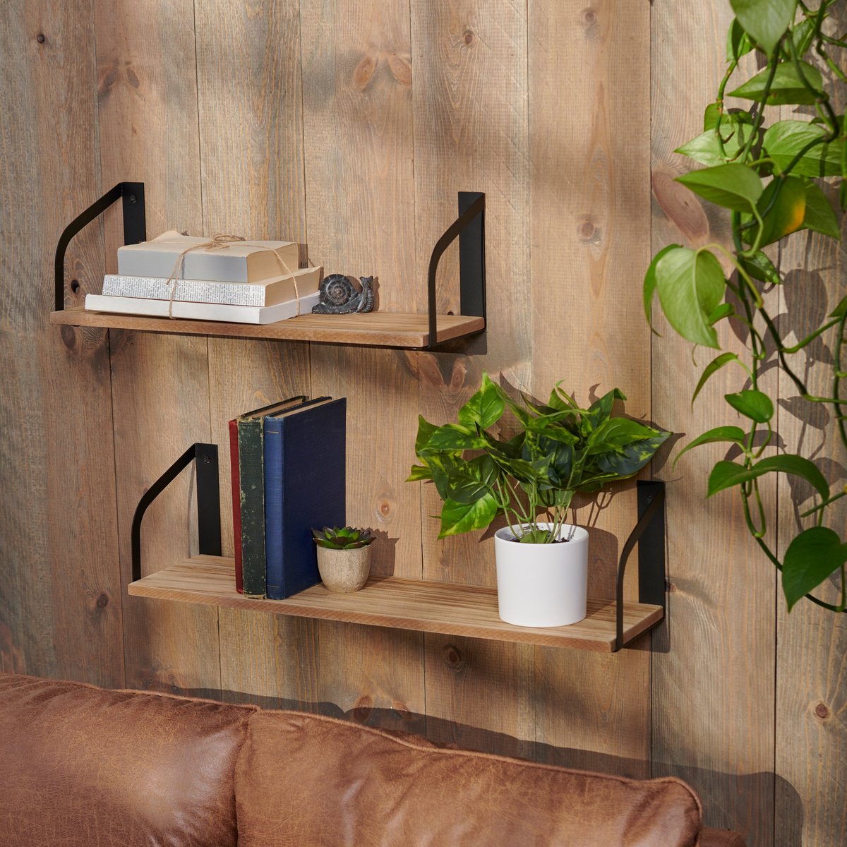 Rustic Wood & Metal Floating Shelf Set - Wall Mounted Decorative Home Storage