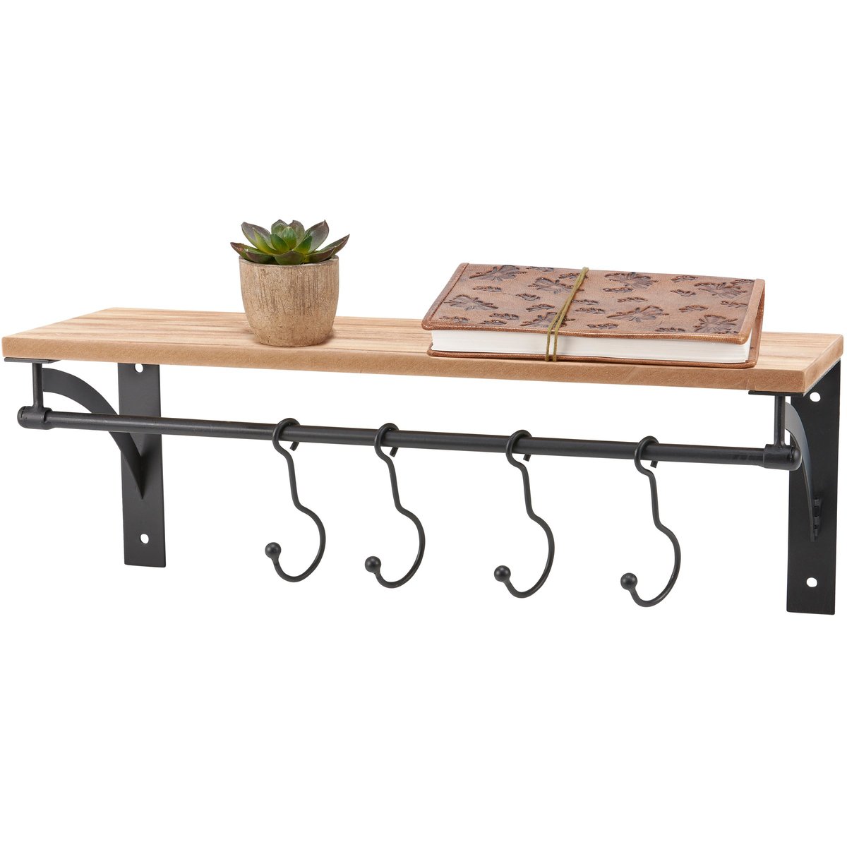 Stylish Rustic Wood Floating Wall Shelf with 4 Black Metal Hooks