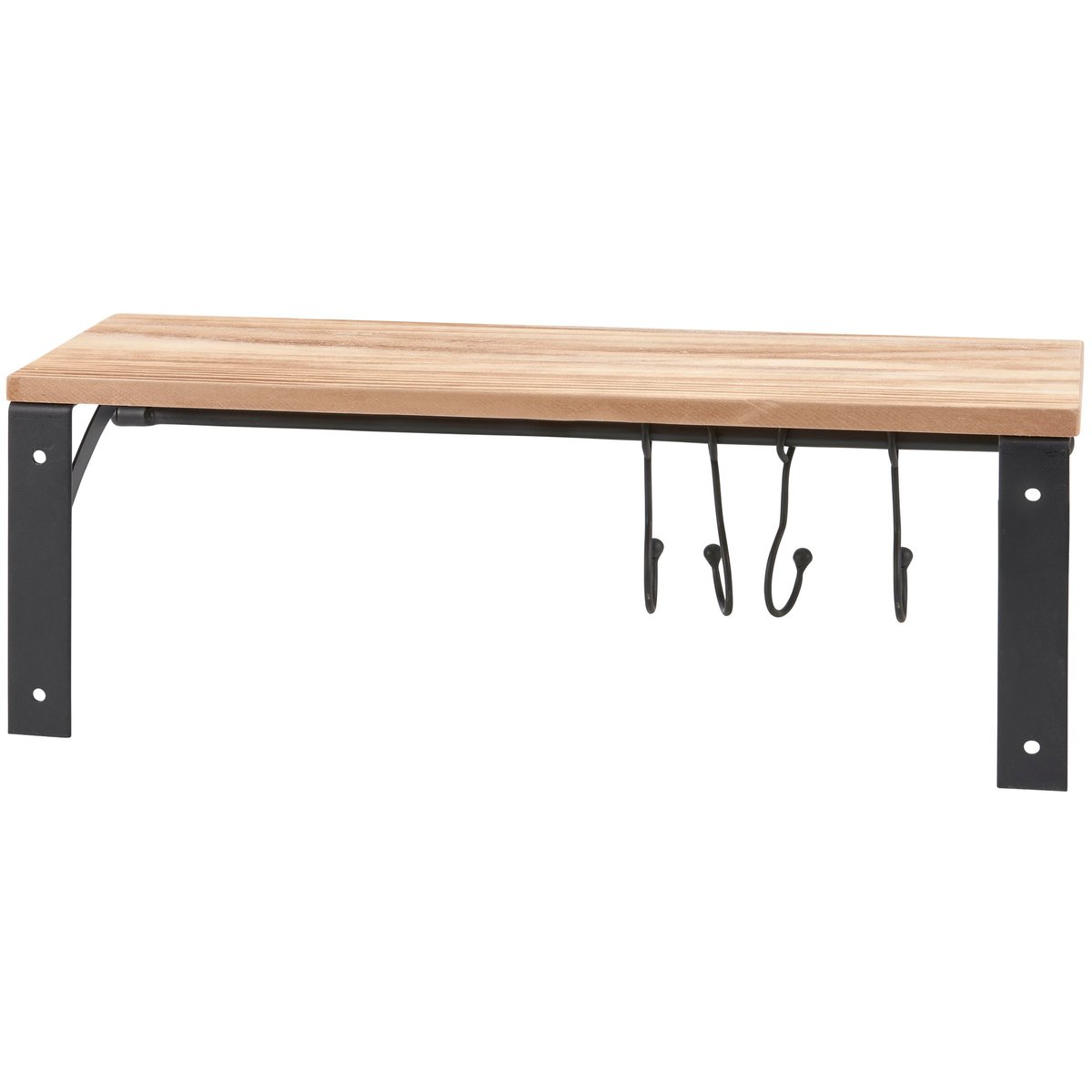 Stylish Rustic Wood Floating Wall Shelf with 4 Black Metal Hooks