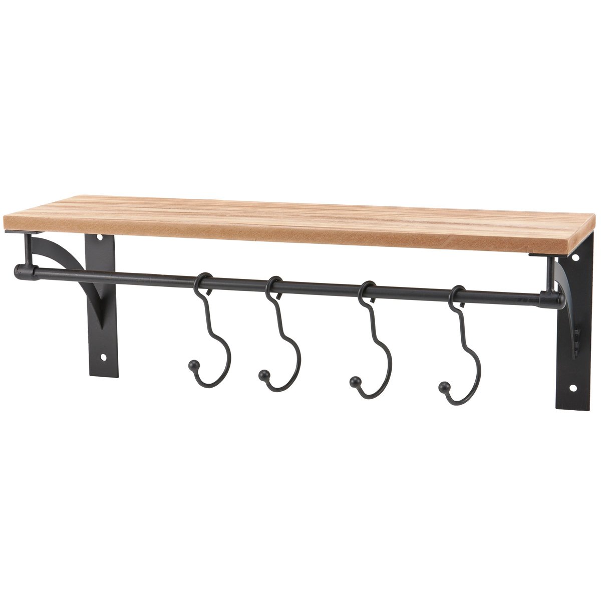Stylish Rustic Wood Floating Wall Shelf with 4 Black Metal Hooks