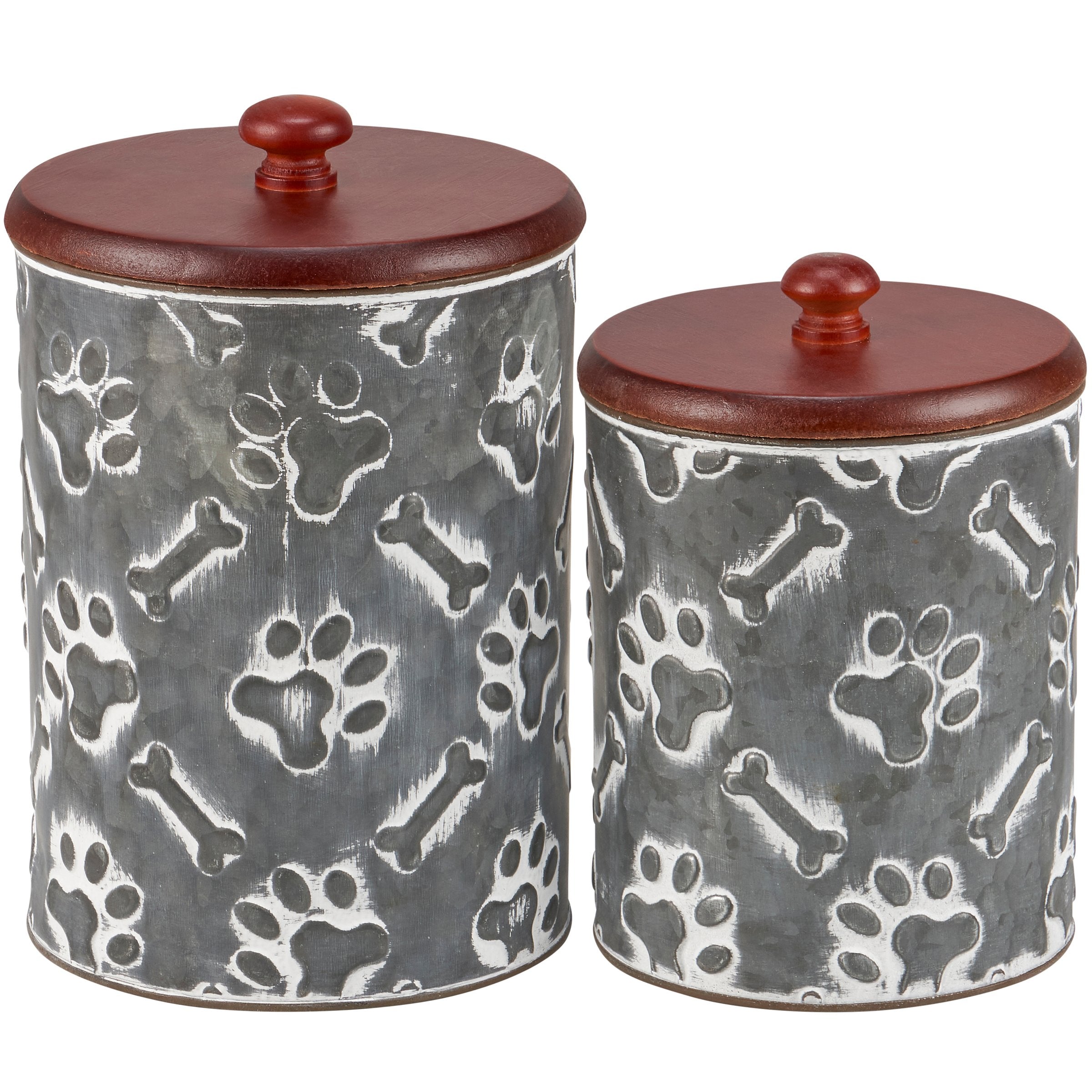 Rustic Galvanized Metal Paw Prints Pet Treat & Bone Storage Canister Set