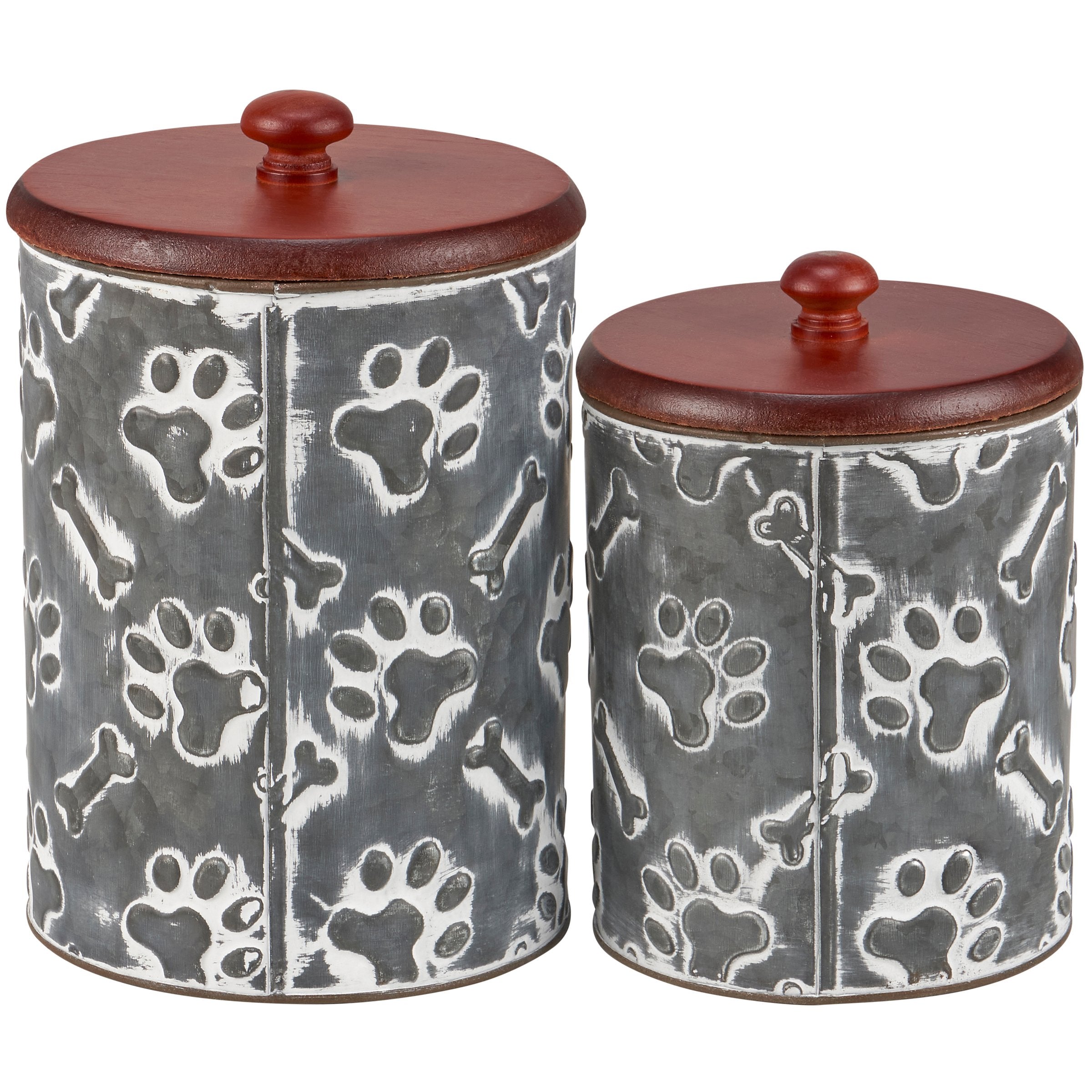 Rustic Galvanized Metal Paw Prints Pet Treat & Bone Storage Canister Set