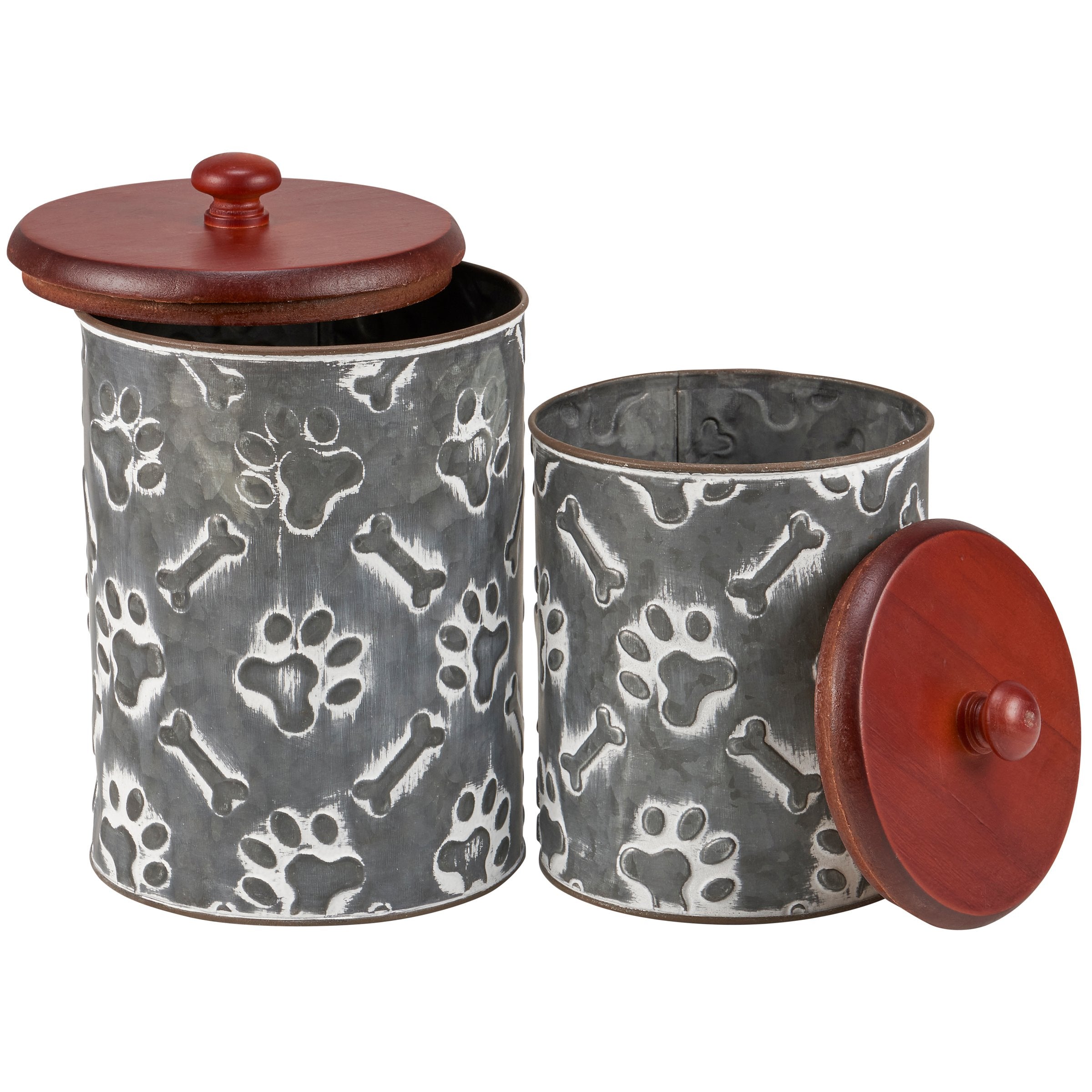 Rustic Galvanized Metal Paw Prints Pet Treat & Bone Storage Canister Set