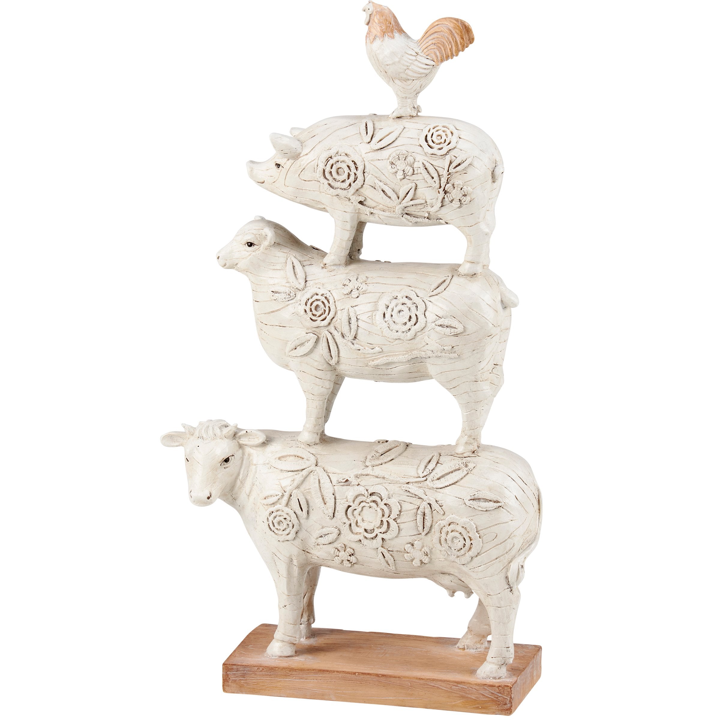 Charming Stacked Farm Animals Figurine: Rustic Farmhouse Decor with Embossed Floral Details