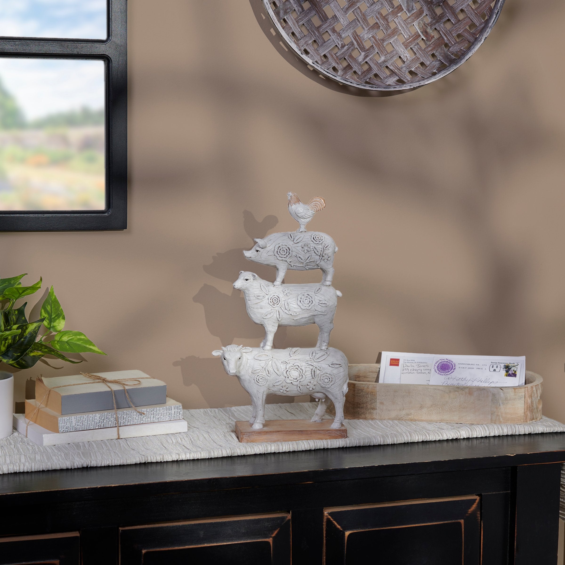 Charming Stacked Farm Animals Figurine: Rustic Farmhouse Decor with Embossed Floral Details