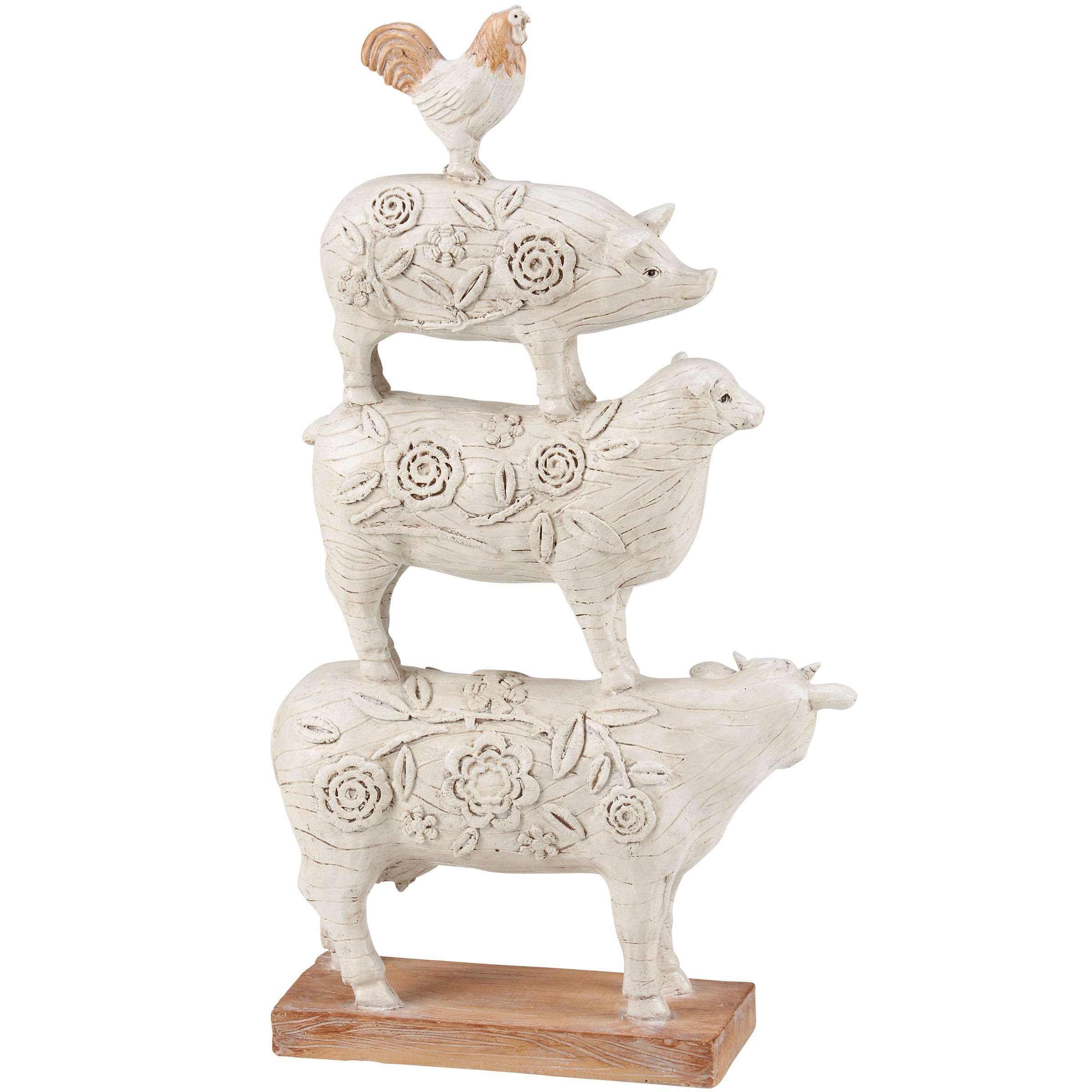 Charming Stacked Farm Animals Figurine: Rustic Farmhouse Decor with Embossed Floral Details