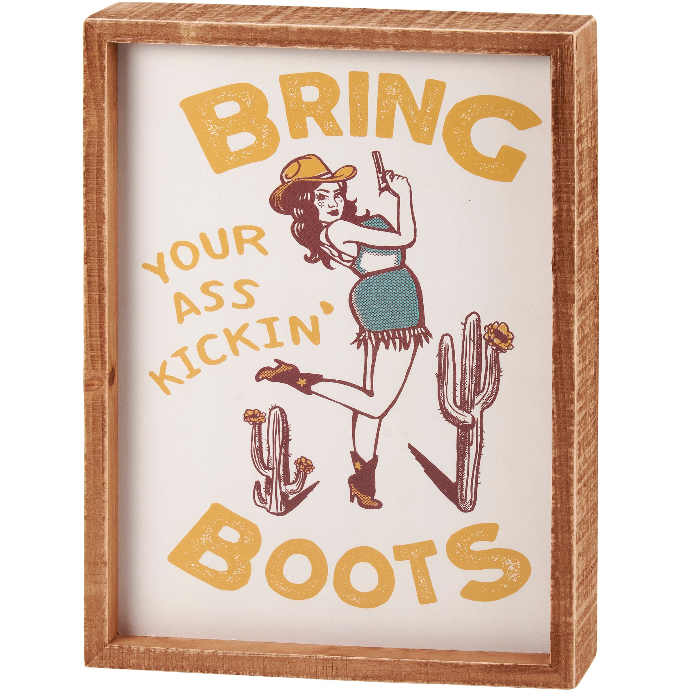 Fun Western Cowgirl Boots Inset Box Sign - Rustic Wood Wall Art Decor