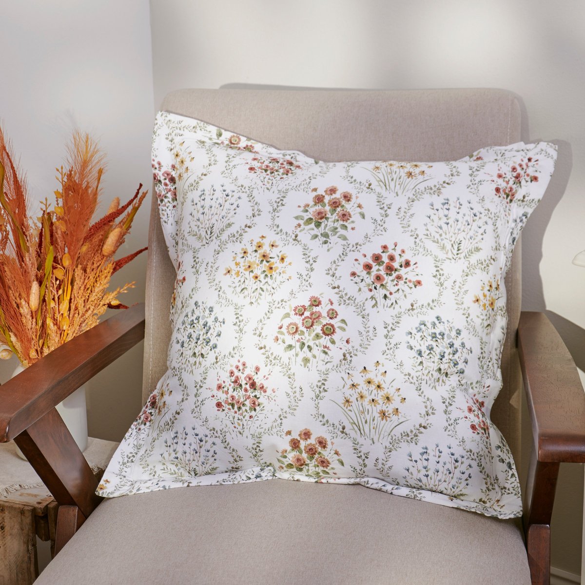 Charming Fall Wildflowers Watercolor Cotton Throw Pillow with Zippered Cover