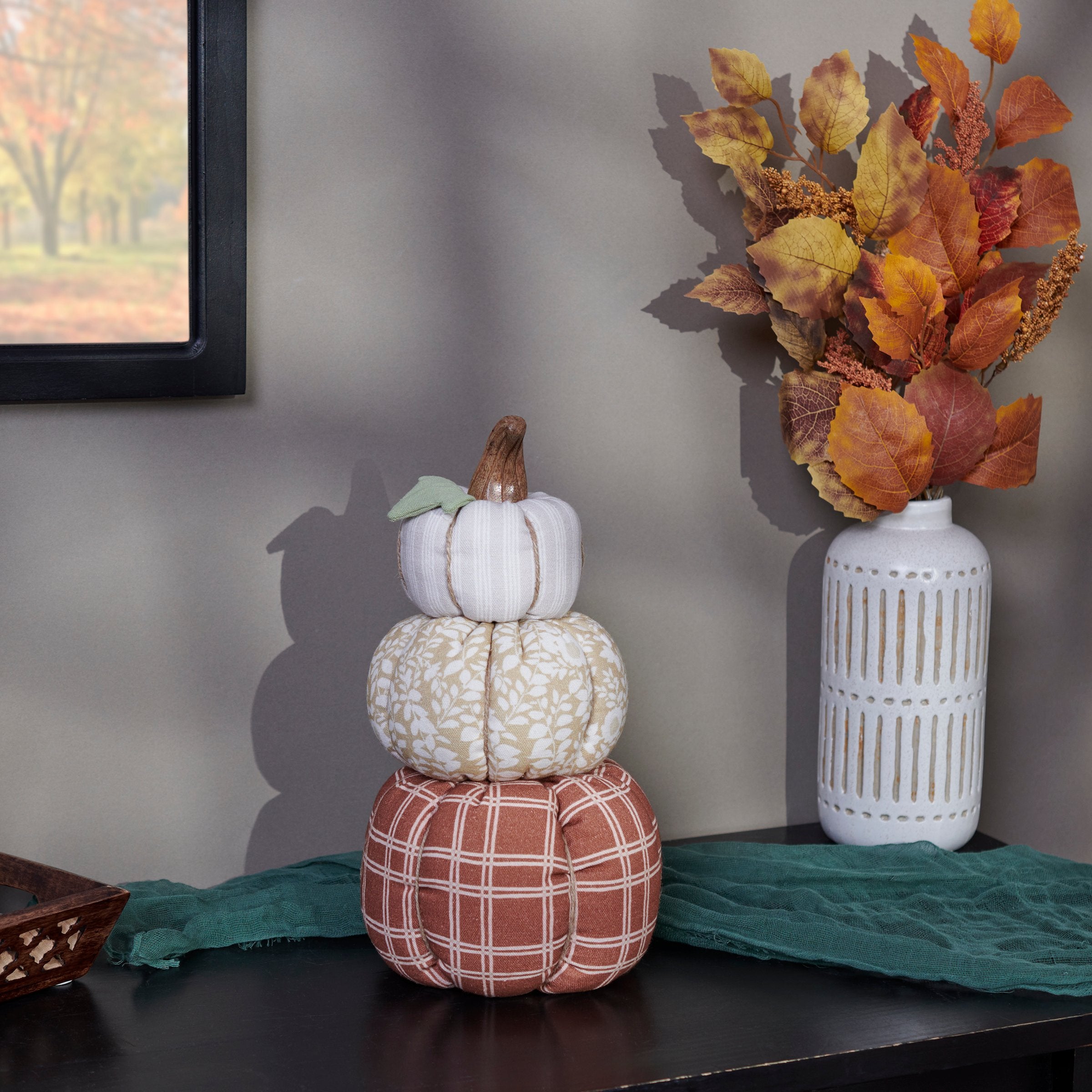 Charming Fall Patterns Fabric Pumpkin Stack - Rustic Autumn Home Accent