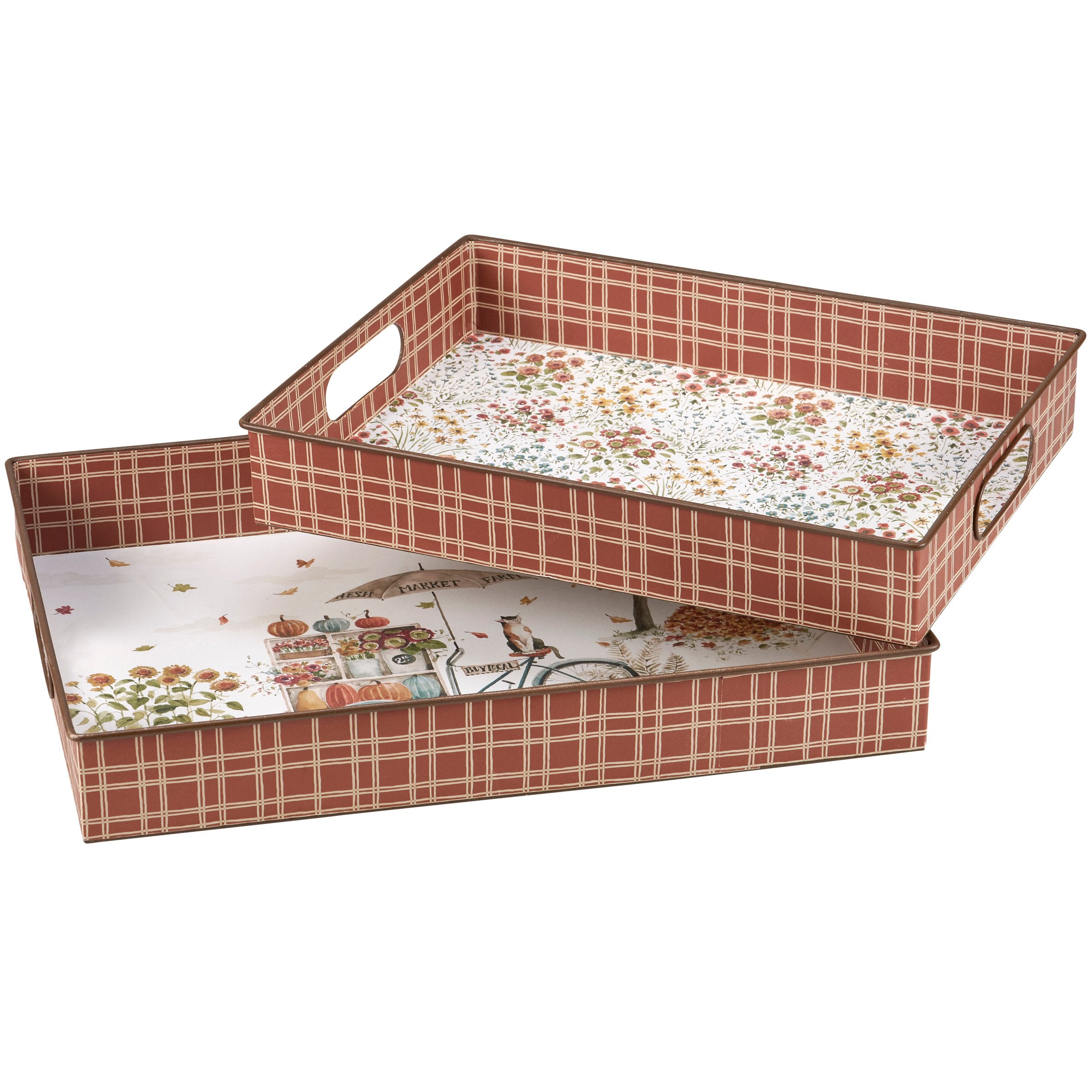 Charming Fall Days Watercolor Plaid Metal Decorative Trays Set of Two