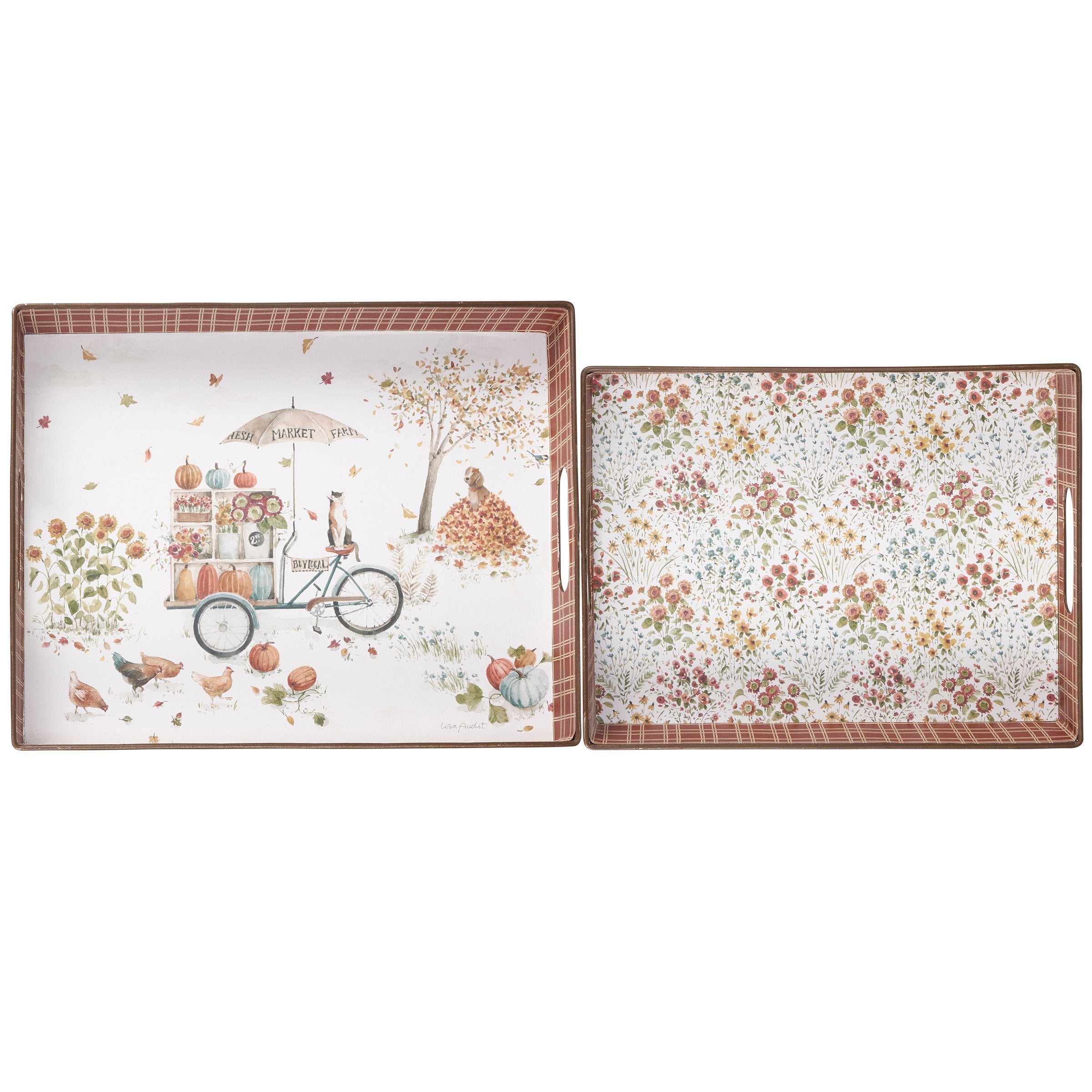 Charming Fall Days Watercolor Plaid Metal Decorative Trays Set of Two