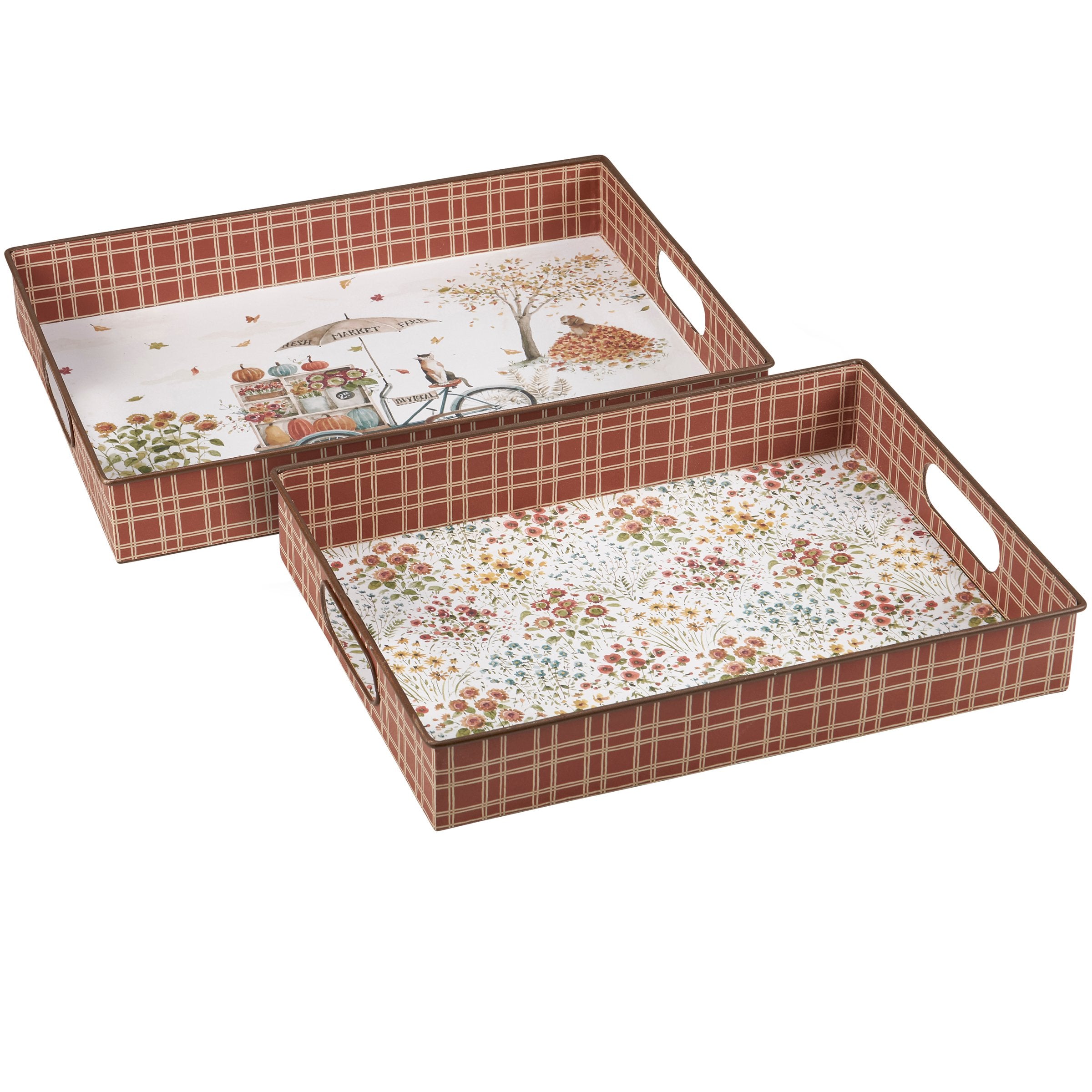 Charming Fall Days Watercolor Plaid Metal Decorative Trays Set of Two