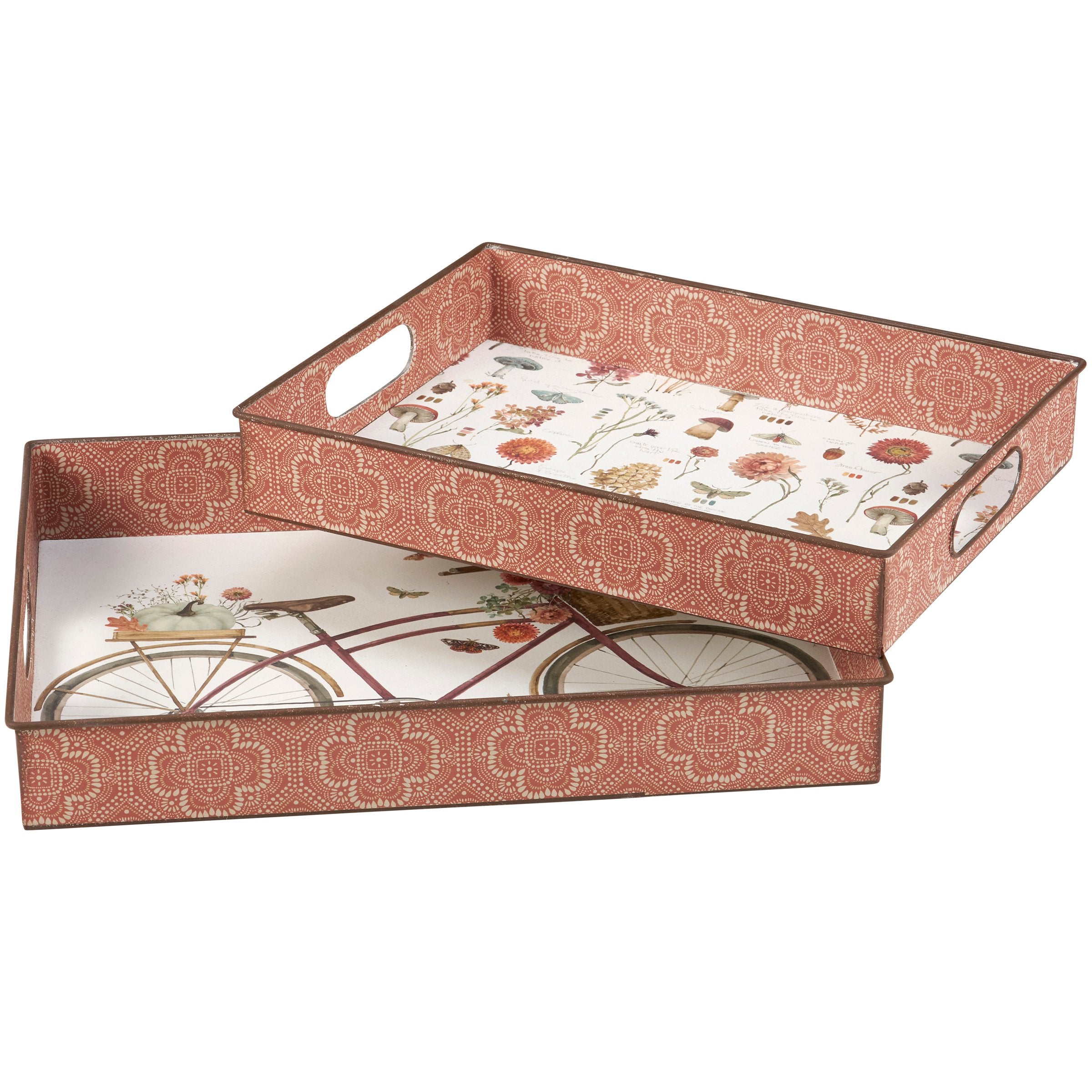 Charming Fall Bicycle Watercolor Decorative Metal Tray Set with Handles