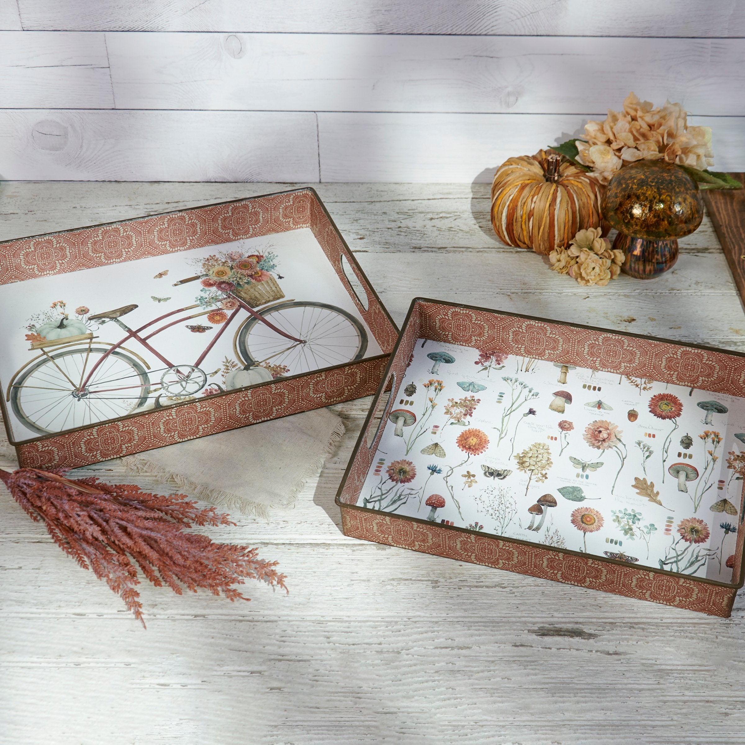Charming Fall Bicycle Watercolor Decorative Metal Tray Set with Handles