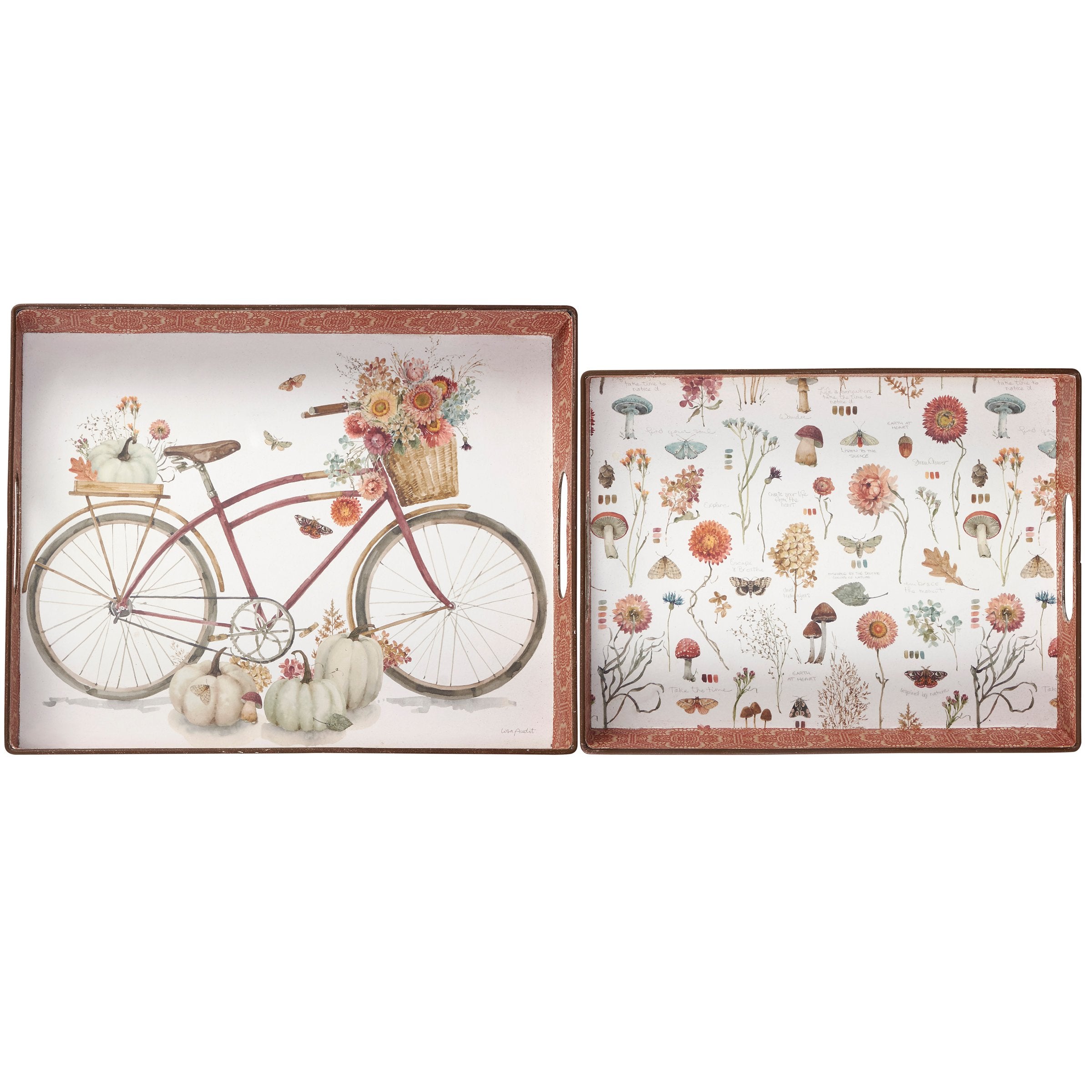 Charming Fall Bicycle Watercolor Decorative Metal Tray Set with Handles