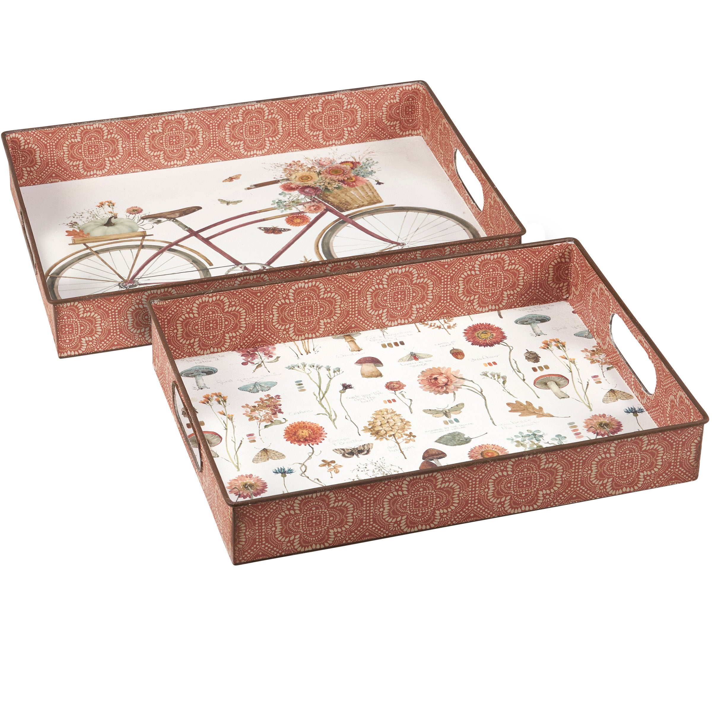 Charming Fall Bicycle Watercolor Decorative Metal Tray Set with Handles