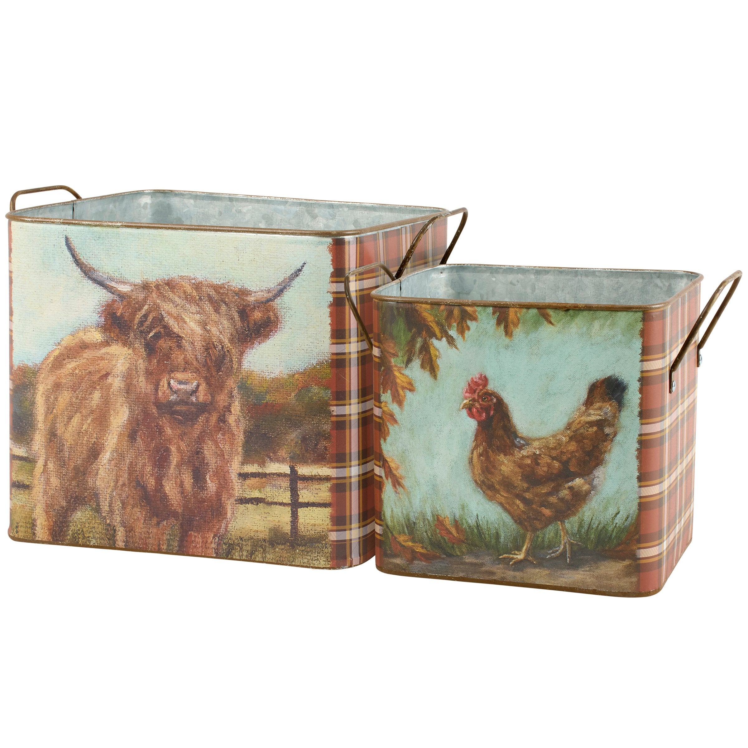 Charming Fall Farm Animal Galvanized Metal Decorative Storage Bins Set