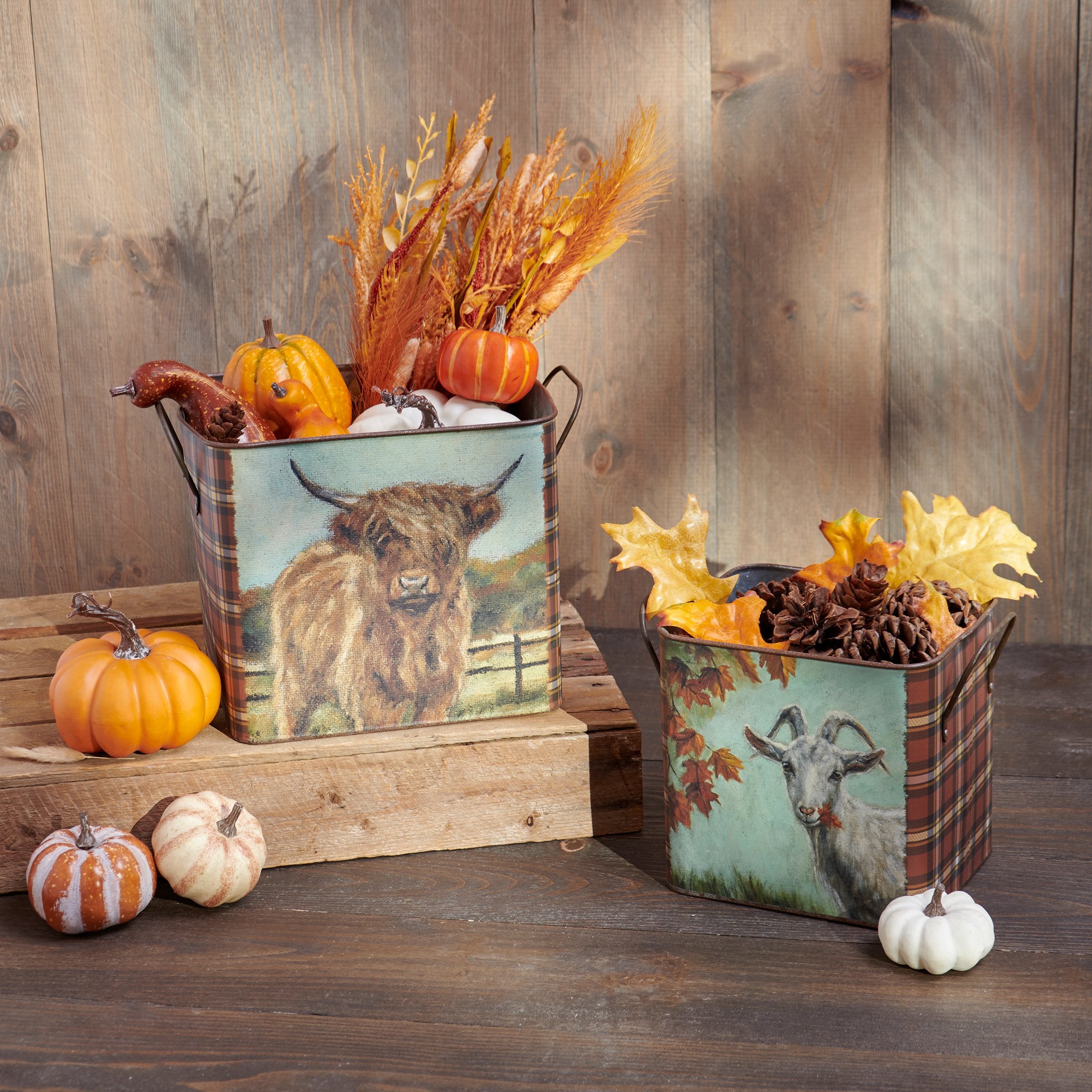 Charming Fall Farm Animal Galvanized Metal Decorative Storage Bins Set