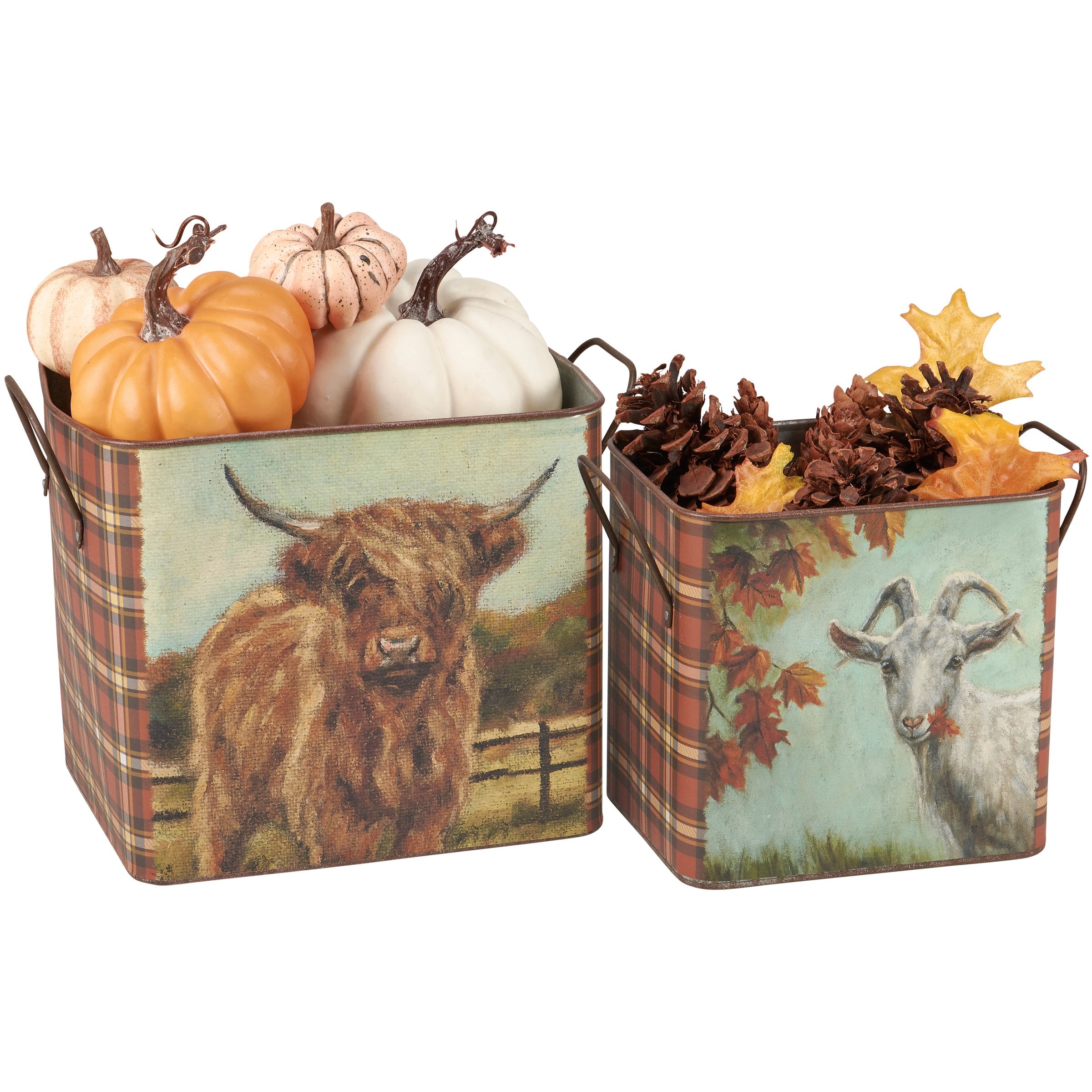 Charming Fall Farm Animal Galvanized Metal Decorative Storage Bins Set