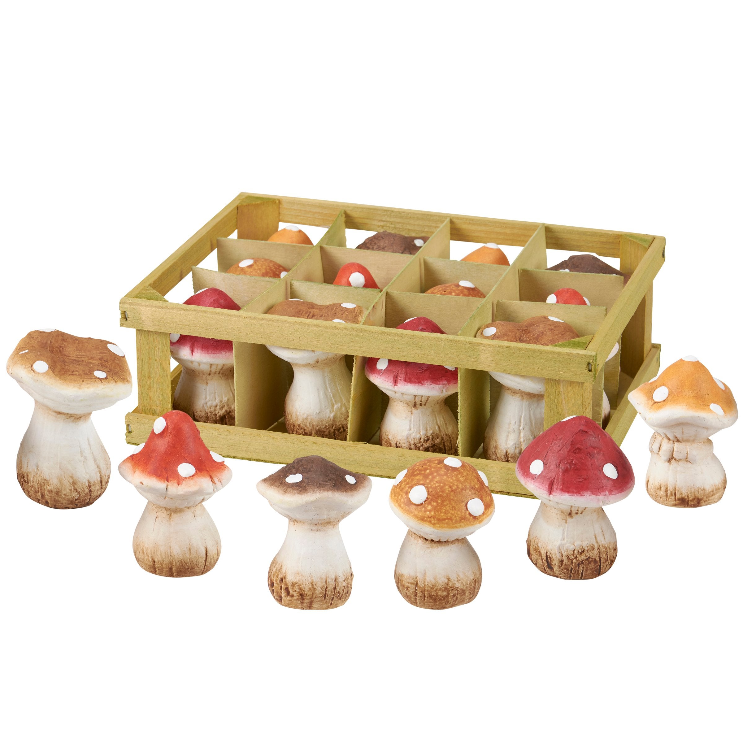 Enchanting Small Ceramic Mushroom Figurine Set with Rustic Wooden Display Crate