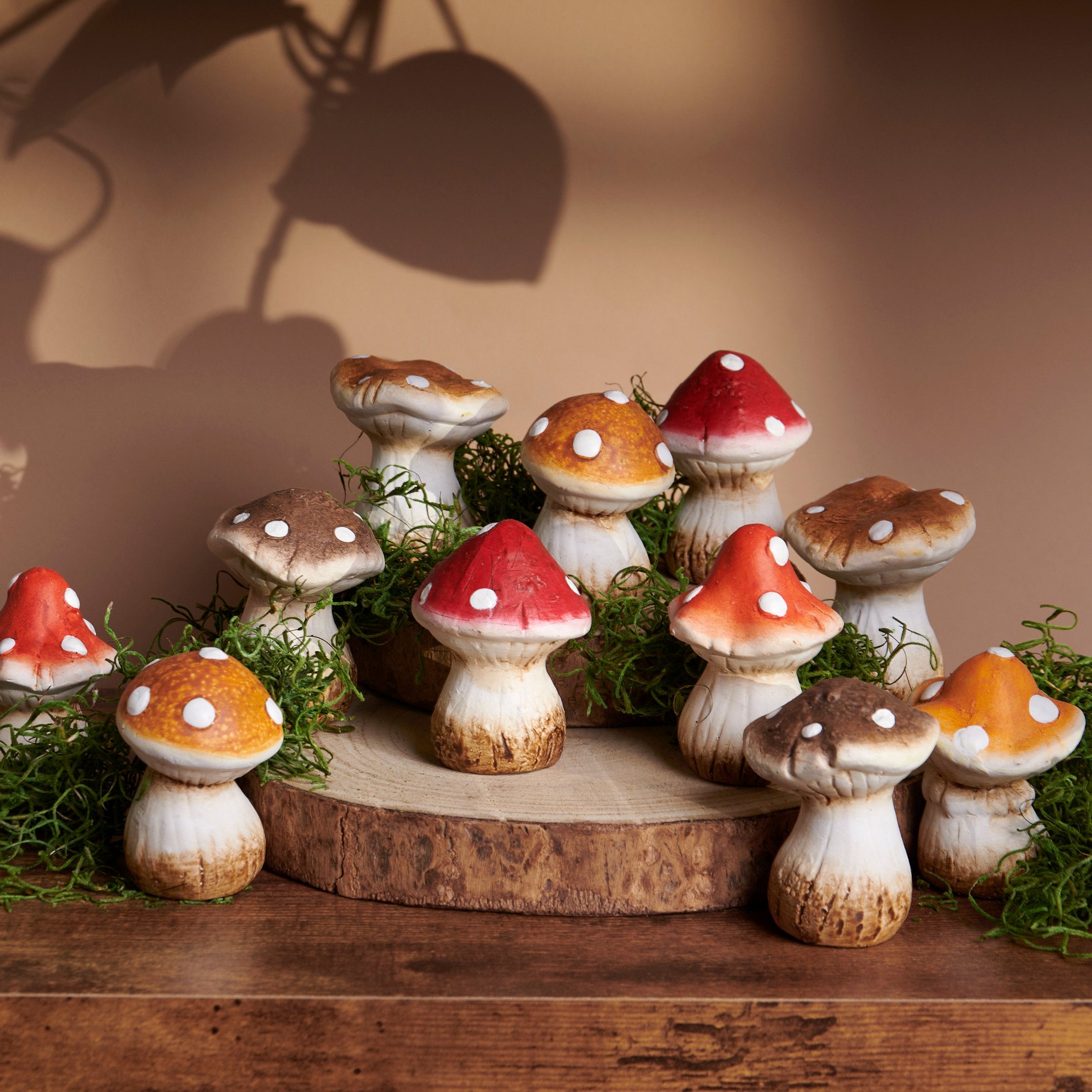 Enchanting Small Ceramic Mushroom Figurine Set with Rustic Wooden Display Crate