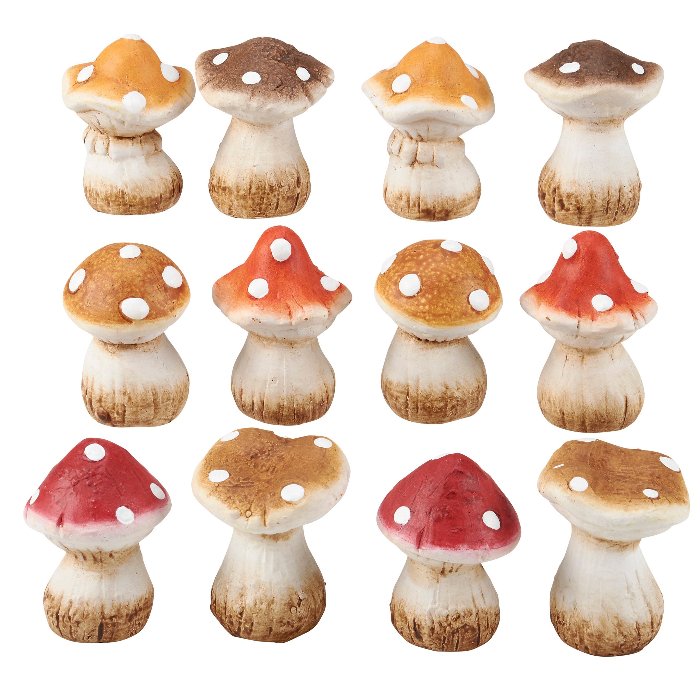Enchanting Small Ceramic Mushroom Figurine Set with Rustic Wooden Display Crate