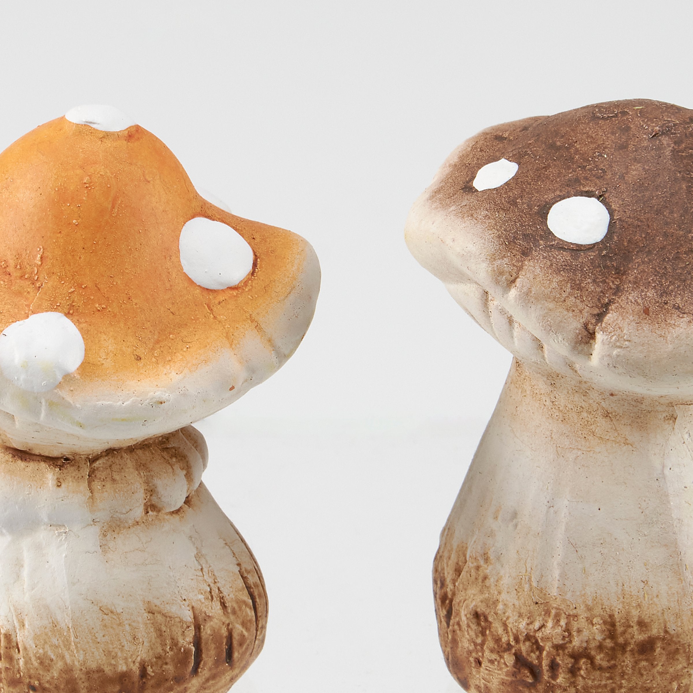 Enchanting Small Ceramic Mushroom Figurine Set with Rustic Wooden Display Crate