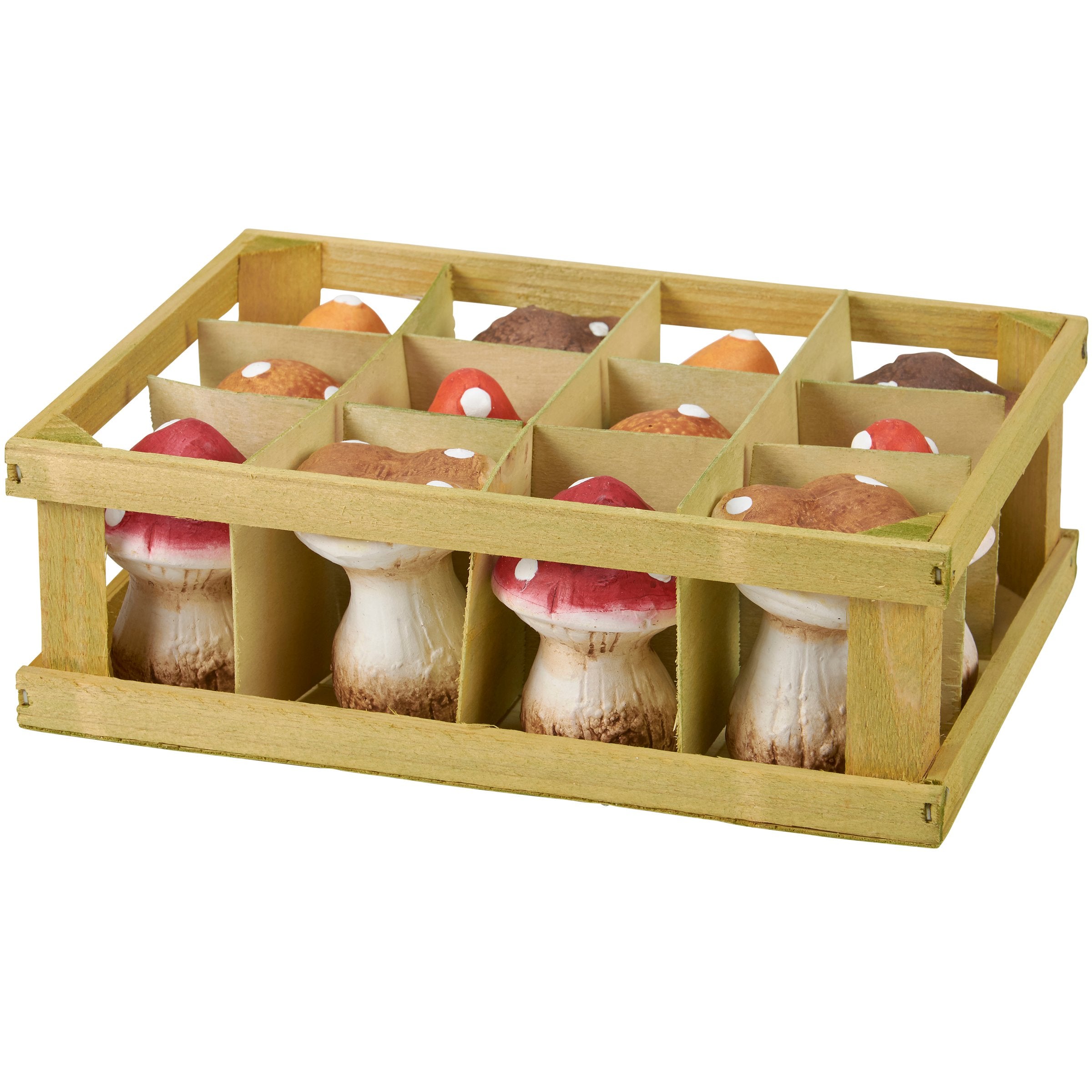 Enchanting Small Ceramic Mushroom Figurine Set with Rustic Wooden Display Crate