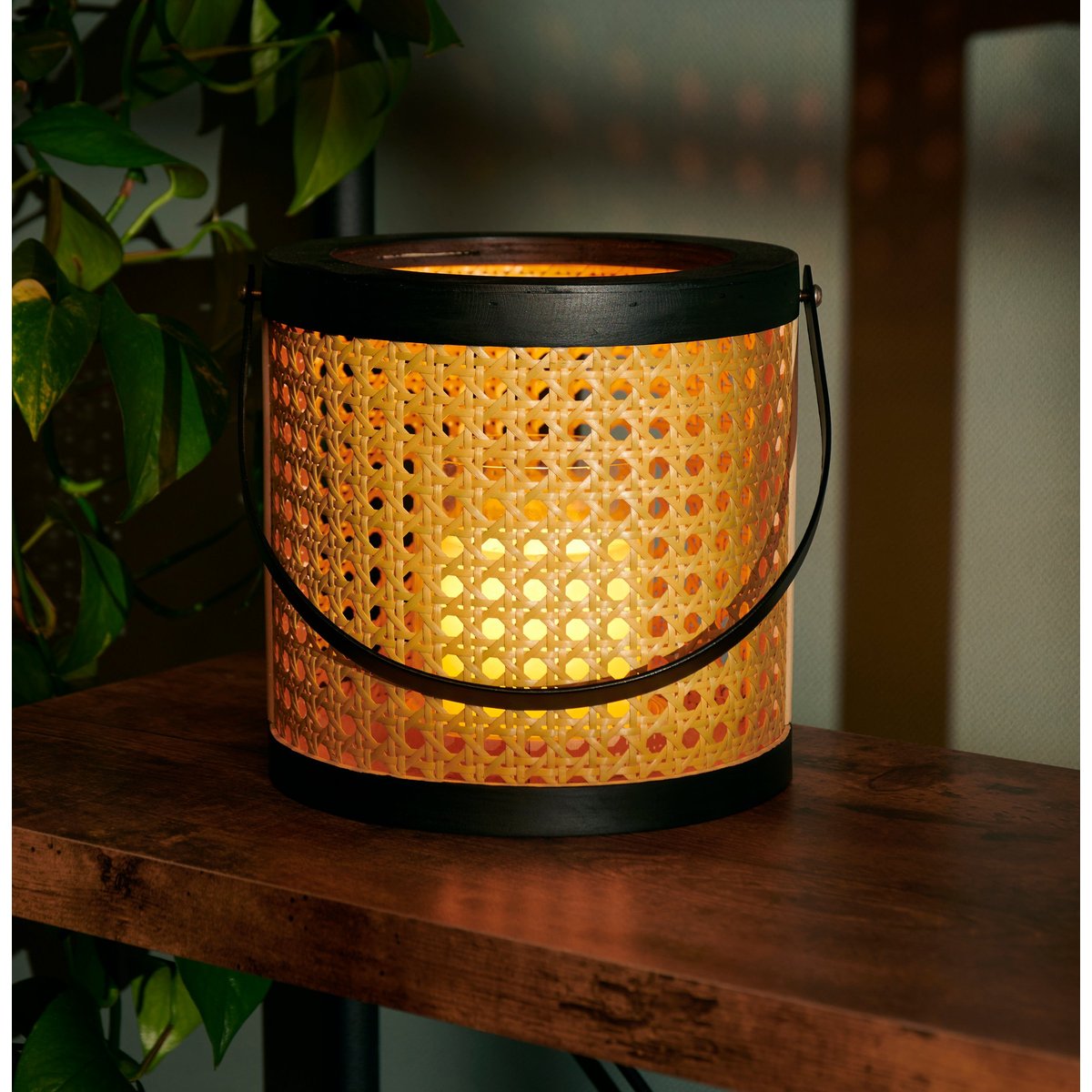 Chic Bohemian Woven Rattan Lantern with Glass Holder & Wood Base