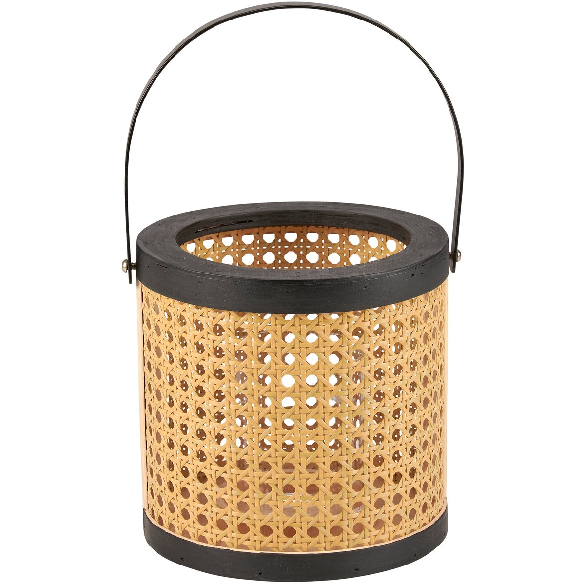 Chic Bohemian Woven Rattan Lantern with Glass Holder & Wood Base