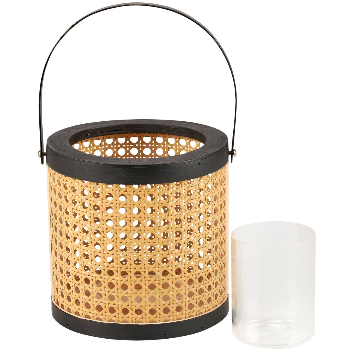 Chic Bohemian Woven Rattan Lantern with Glass Holder & Wood Base