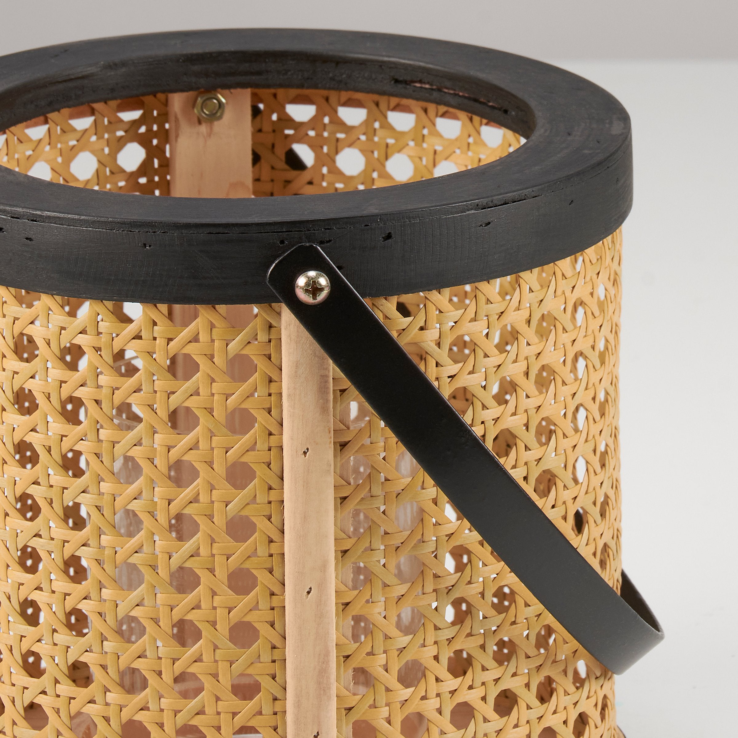 Chic Bohemian Woven Rattan Lantern with Glass Holder & Wood Base