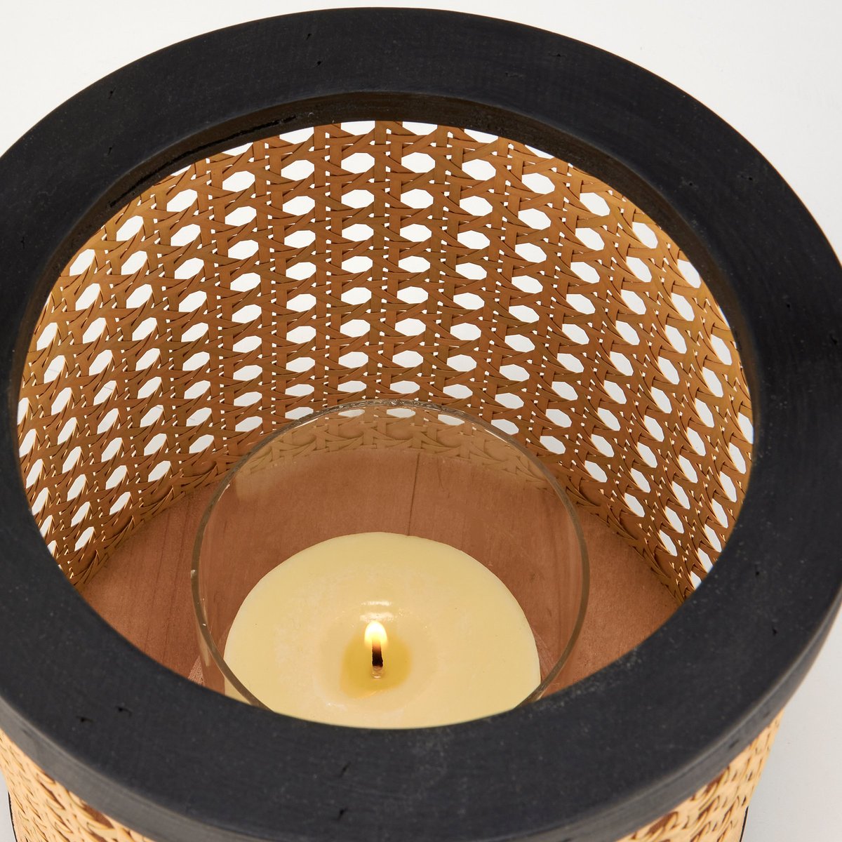 Chic Bohemian Woven Rattan Lantern with Glass Holder & Wood Base