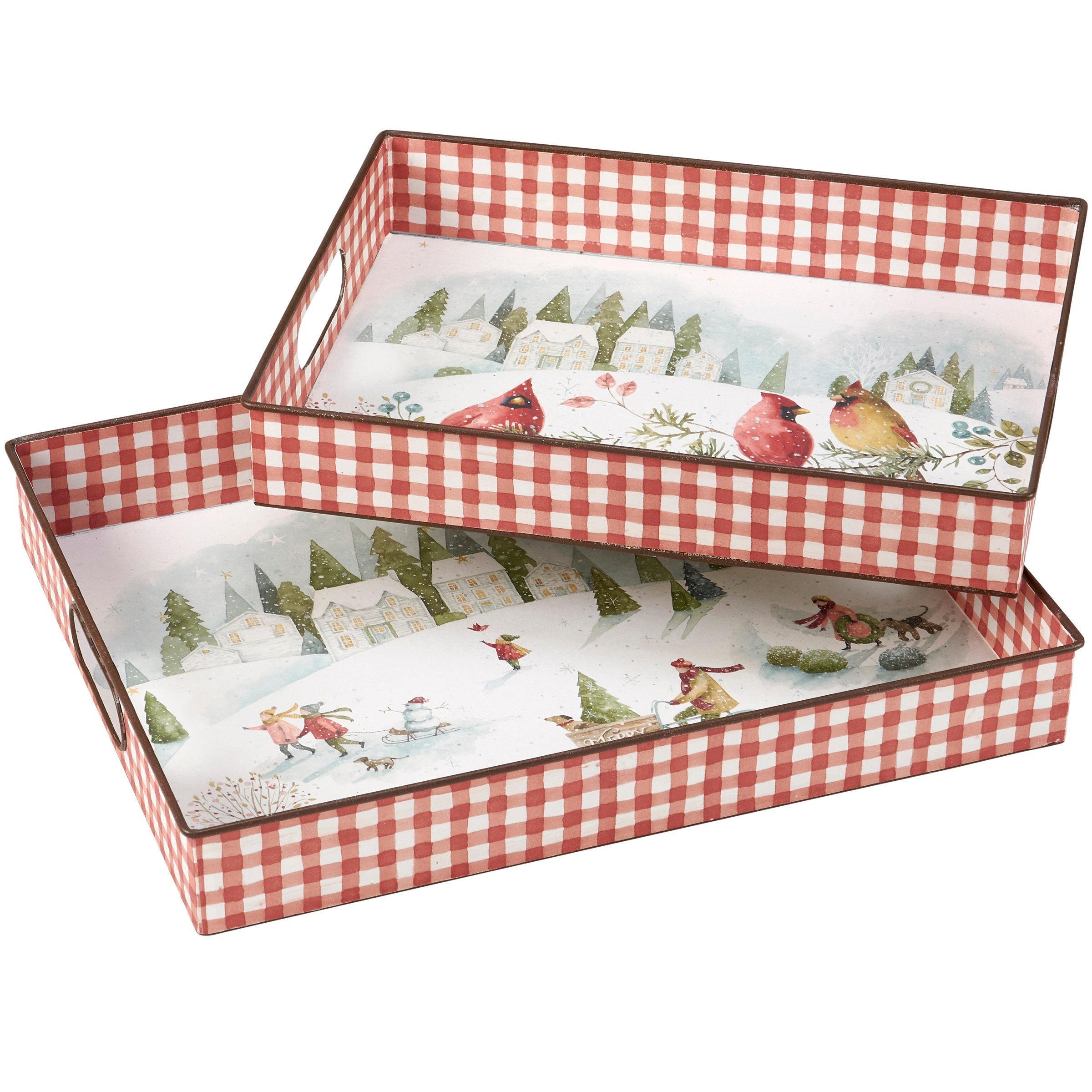 Charming Winter Wonderland Metal Serving Trays - Set of Two Gingham Watercolor Art