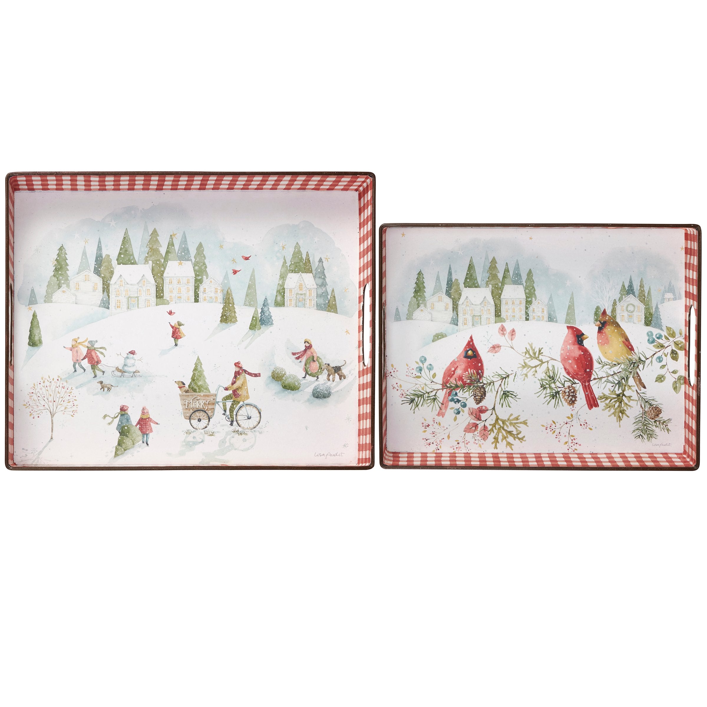 Charming Winter Wonderland Metal Serving Trays - Set of Two Gingham Watercolor Art