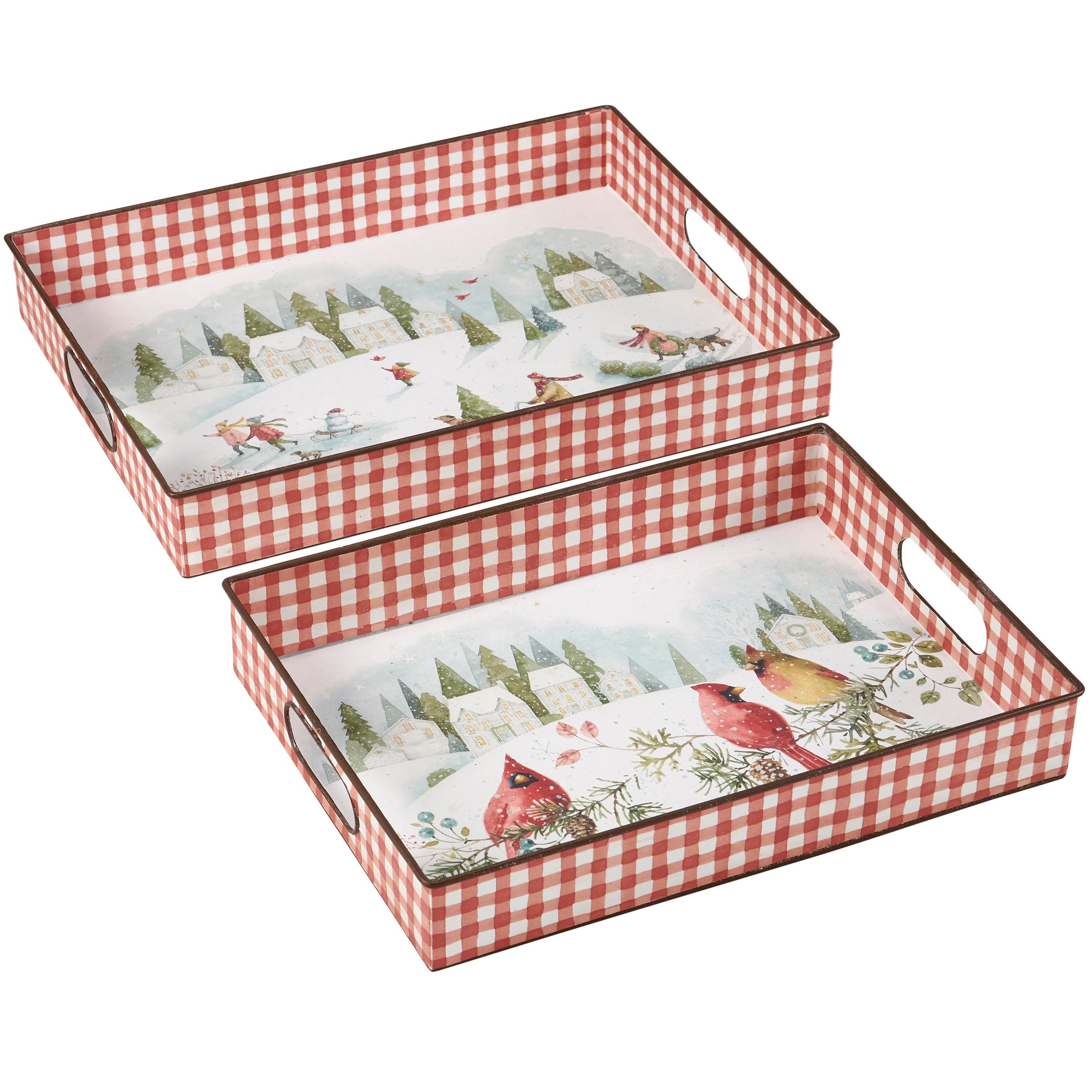 Charming Winter Wonderland Metal Serving Trays - Set of Two Gingham Watercolor Art
