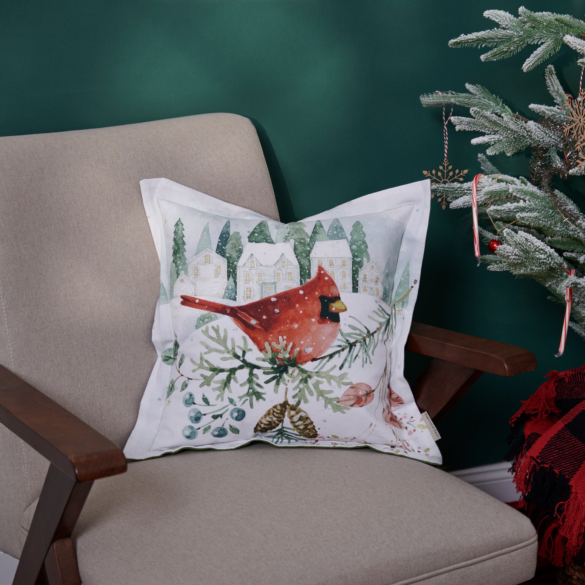 Winter Cardinal Holiday Throw Pillow with Watercolor Art & Zippered Cover