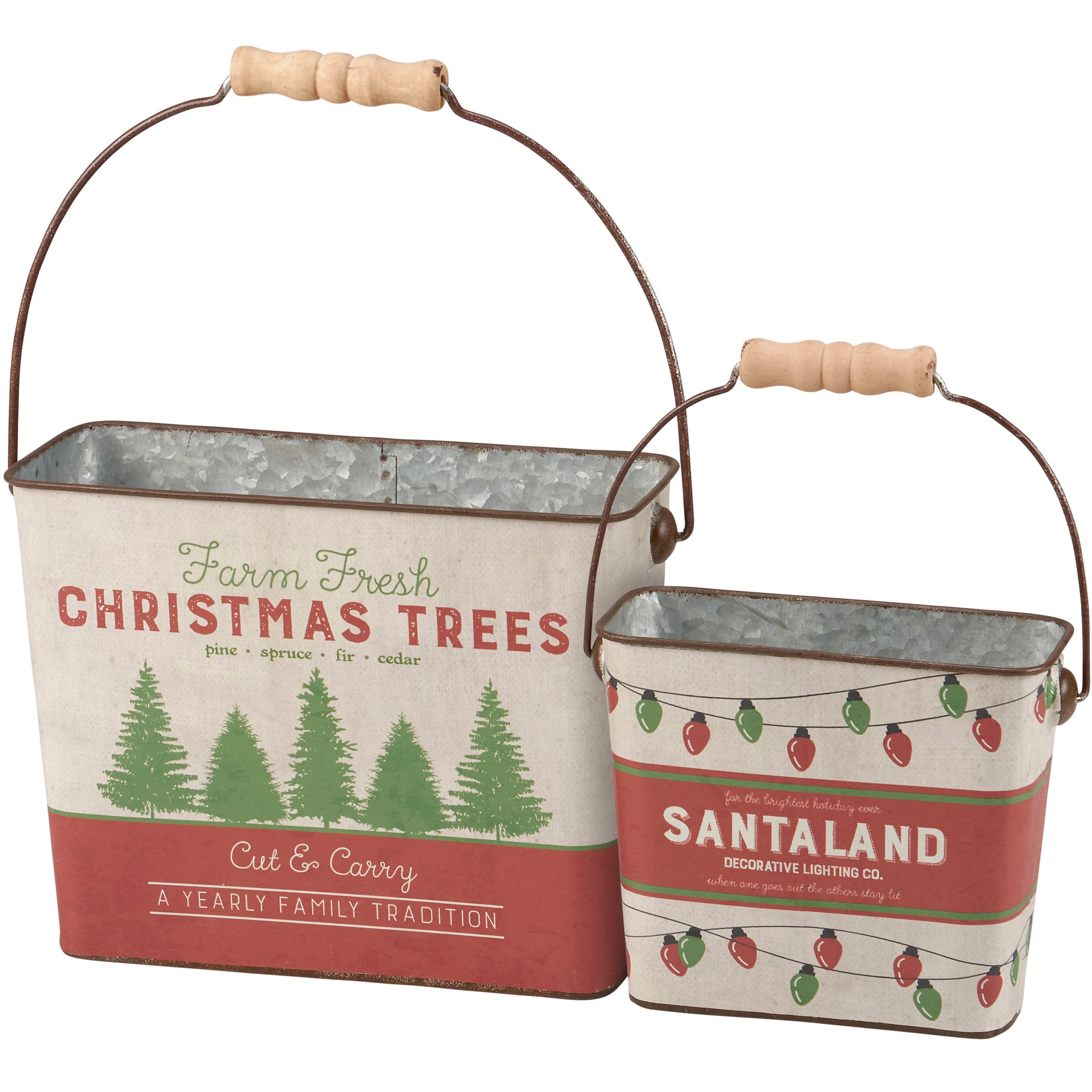 Vintage Galvanized Metal Santaland Christmas Tree Farm Holiday Bucket Set