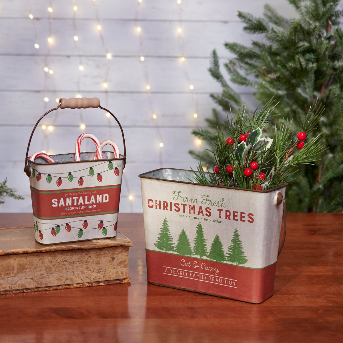 Vintage Galvanized Metal Santaland Christmas Tree Farm Holiday Bucket Set