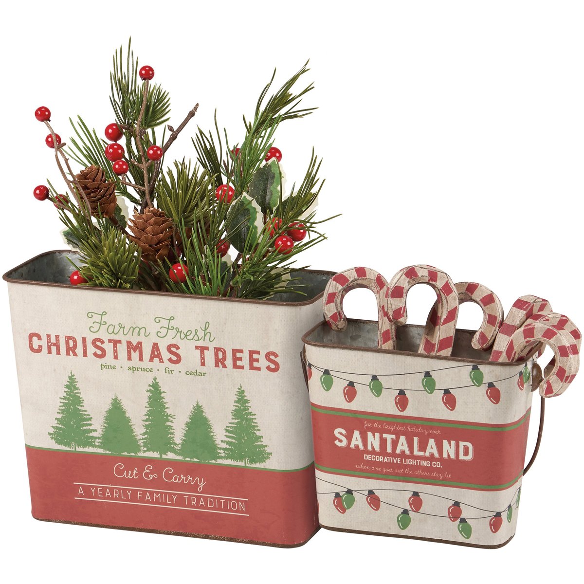 Vintage Galvanized Metal Santaland Christmas Tree Farm Holiday Bucket Set