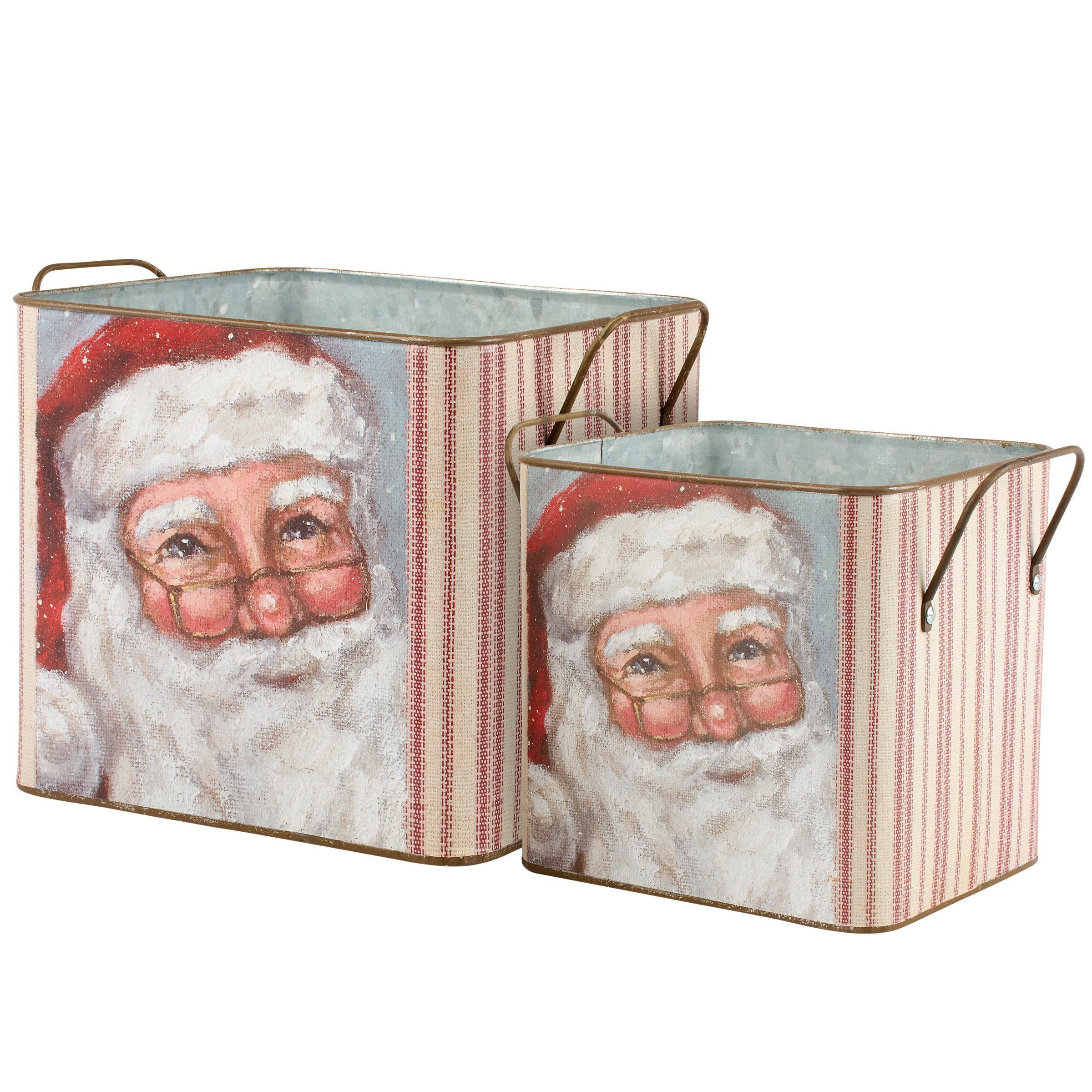 Festive Merry Santa Galvanized Metal Nesting Christmas Storage Bins Set