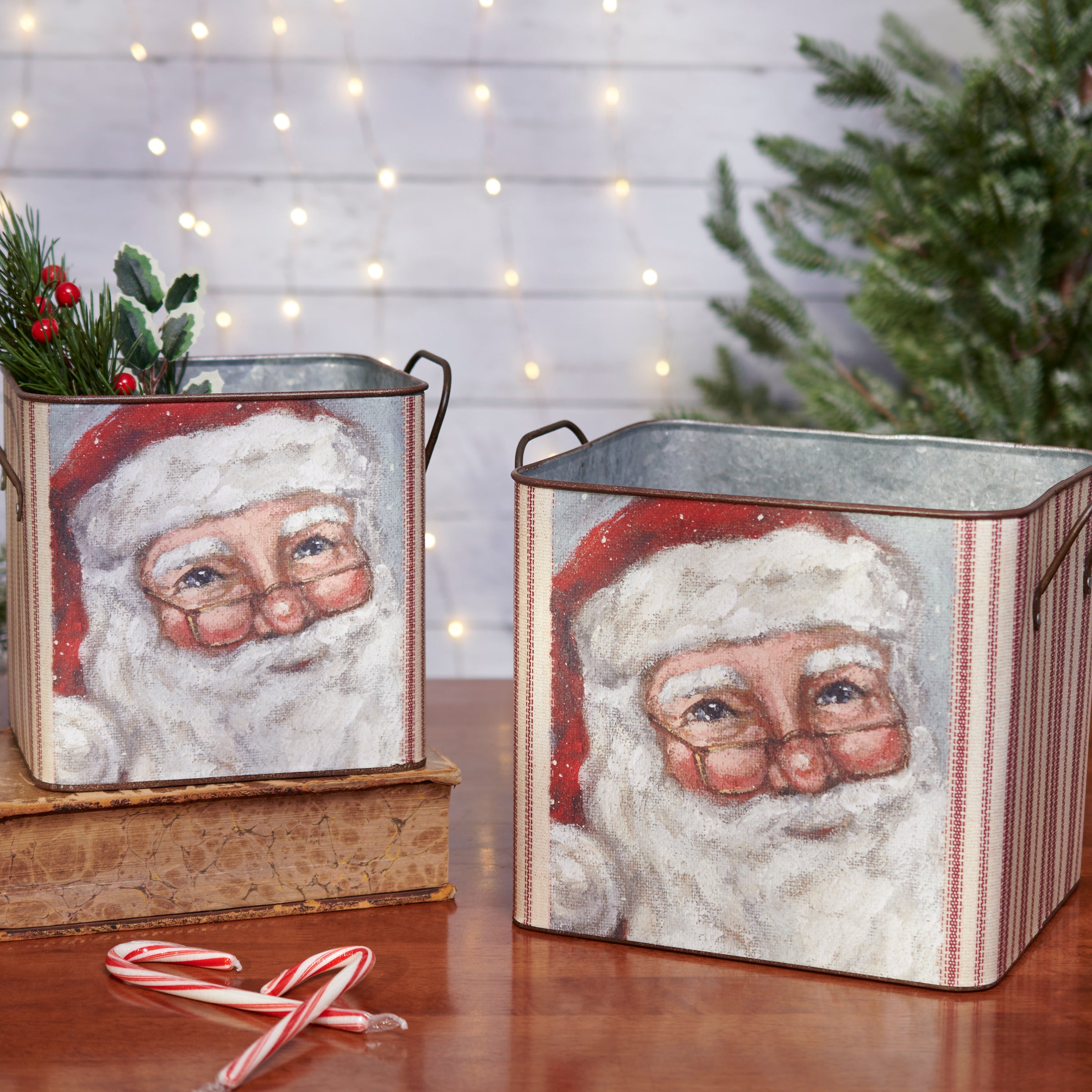 Festive Merry Santa Galvanized Metal Nesting Christmas Storage Bins Set