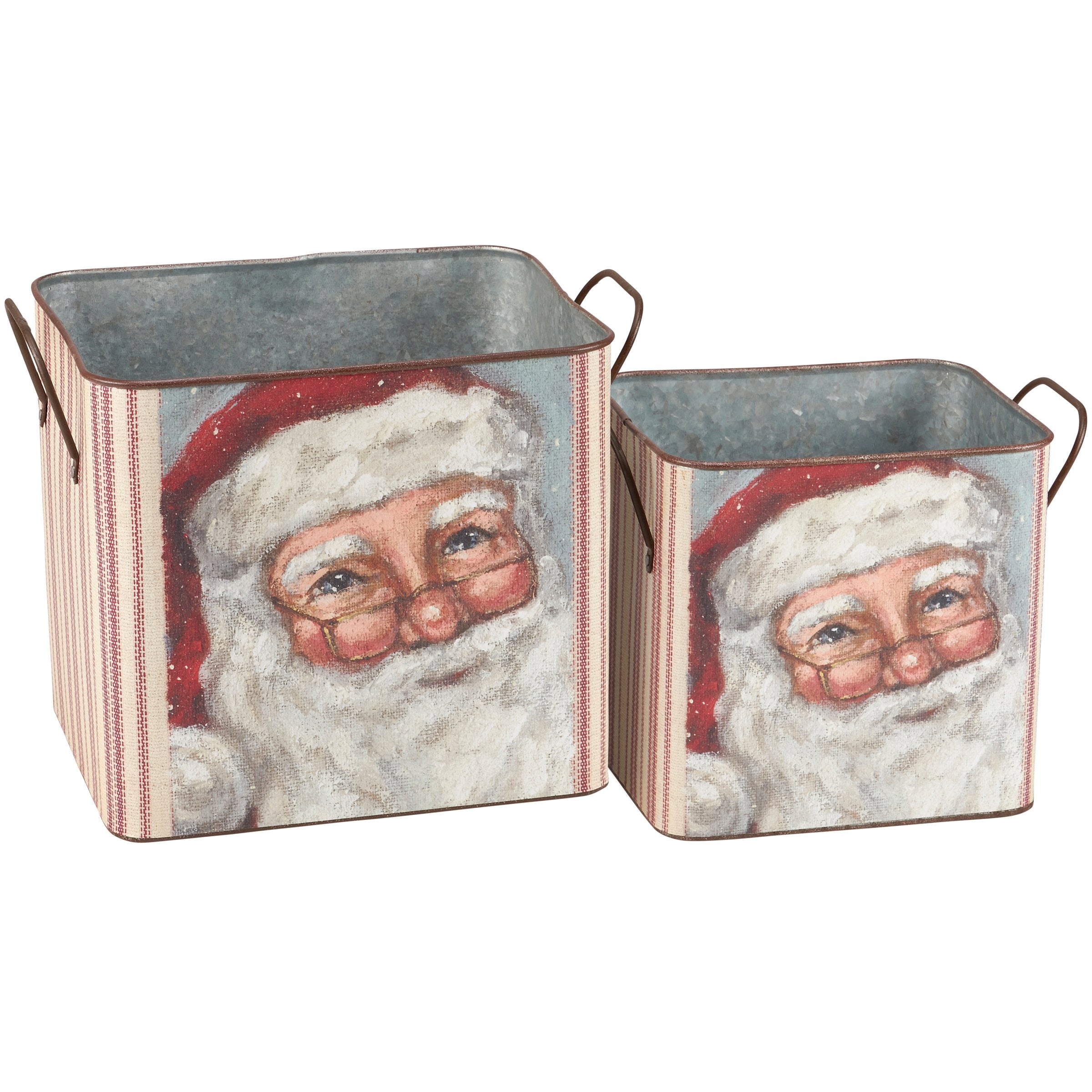 Festive Merry Santa Galvanized Metal Nesting Christmas Storage Bins Set