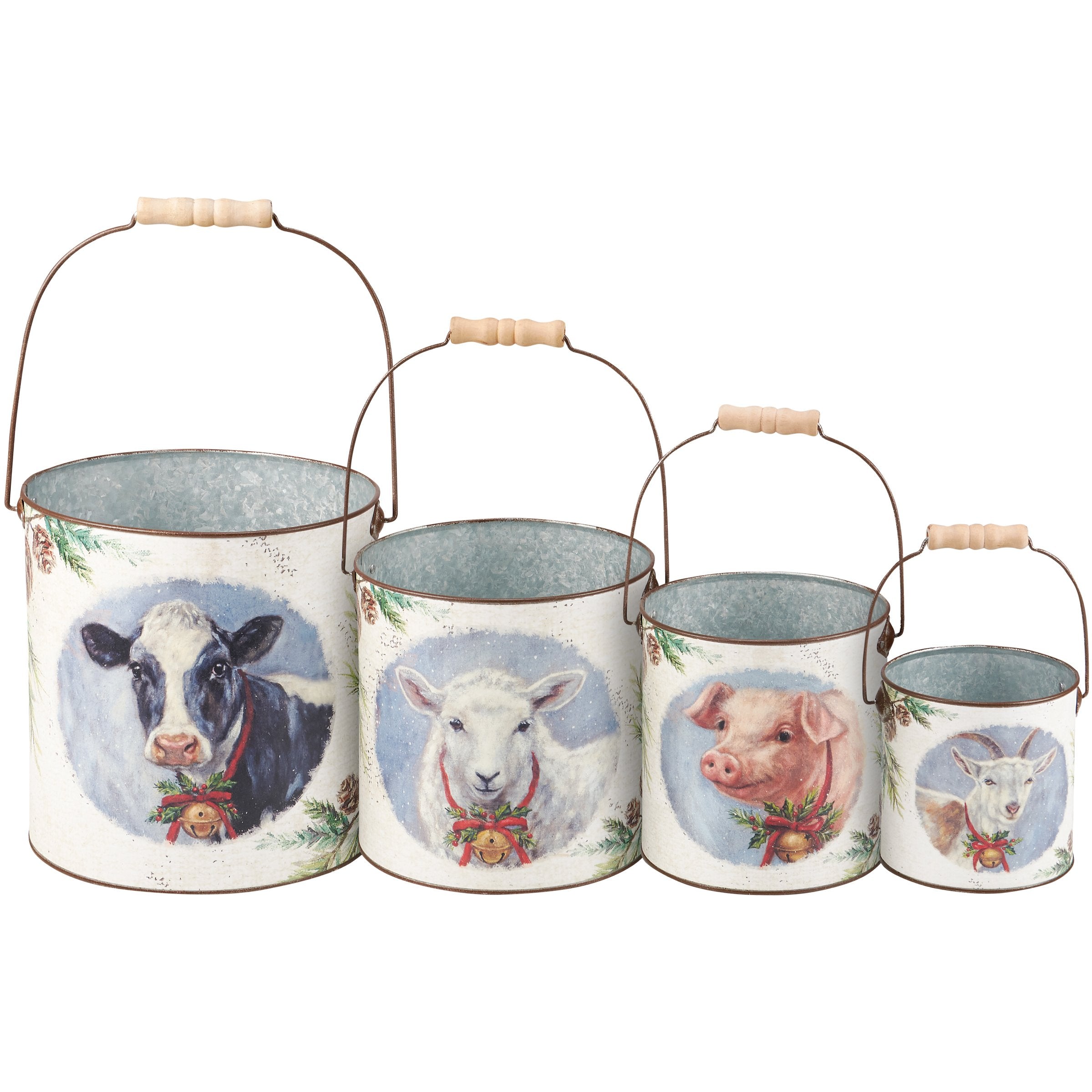 Festive Farm Christmas Galvanized Metal Buckets Set - Stackable Holiday Farm Animal Decor