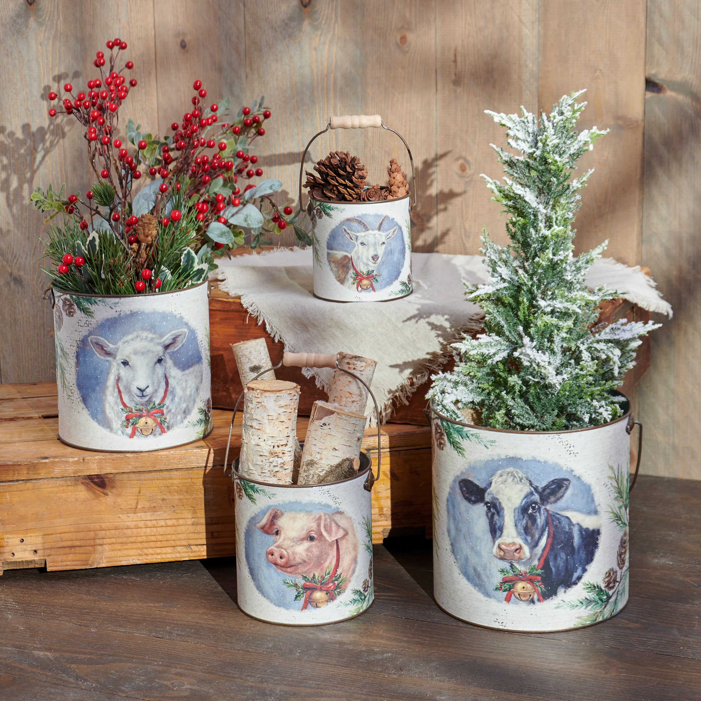 Festive Farm Christmas Galvanized Metal Buckets Set - Stackable Holiday Farm Animal Decor