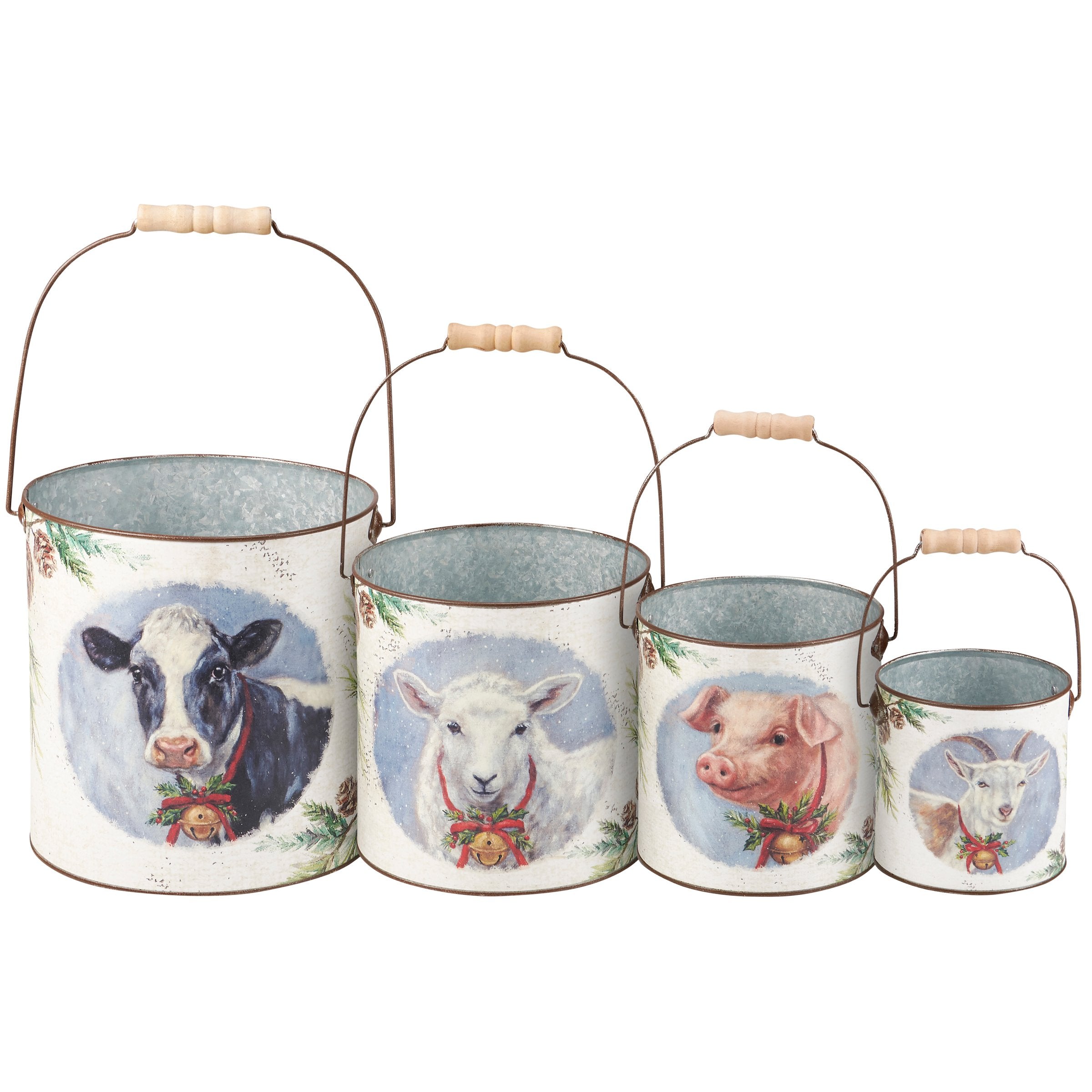 Festive Farm Christmas Galvanized Metal Buckets Set - Stackable Holiday Farm Animal Decor