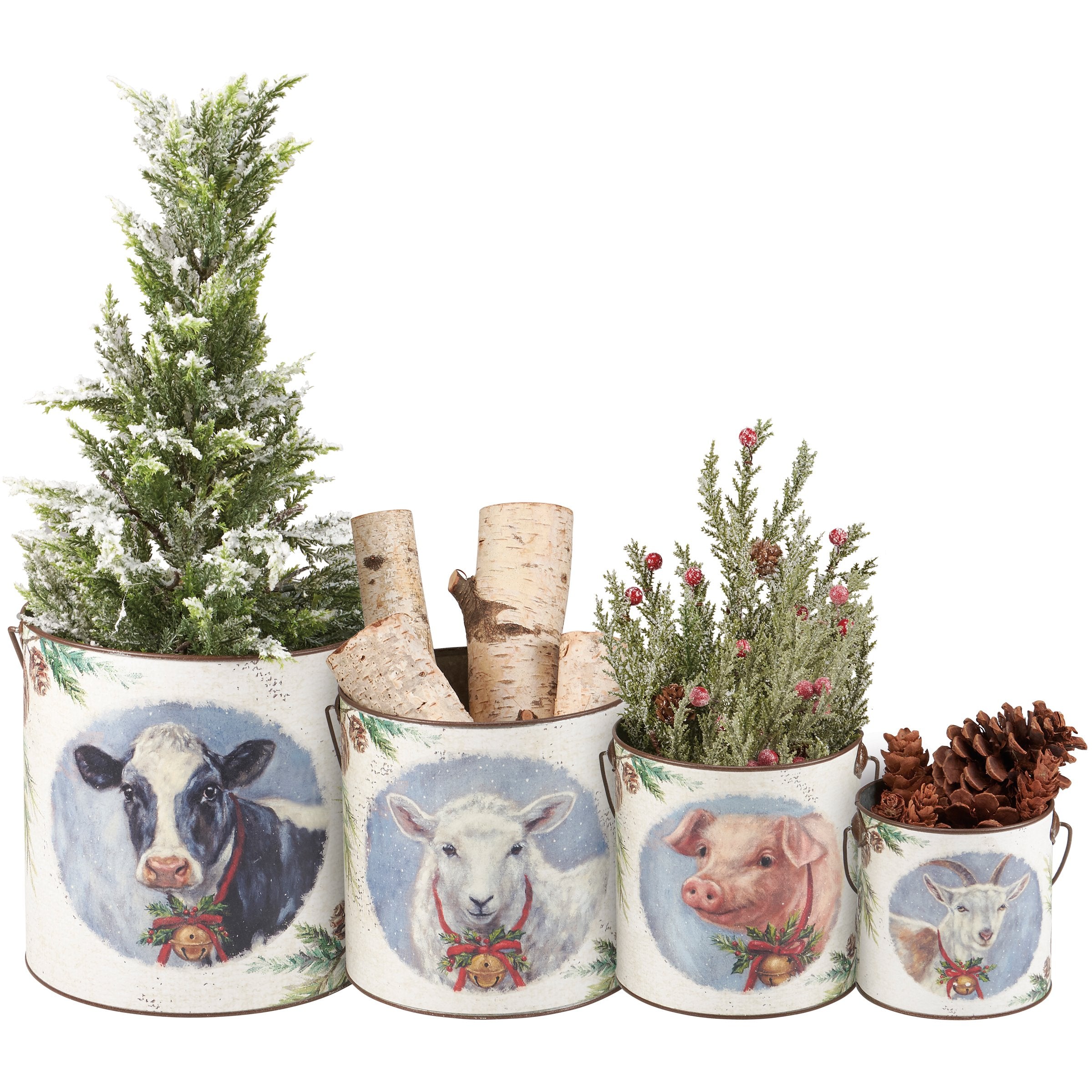 Festive Farm Christmas Galvanized Metal Buckets Set - Stackable Holiday Farm Animal Decor